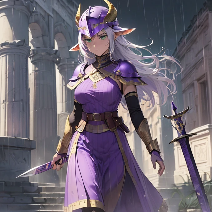 High Resolution, Simple background, Masterpiece, Best Quality, Detail, HD, High Quality, 
{{(male adult faun praetorian guard: (fair skin, green eyes, sharp nose, sharp pointy short beard, black eyebrows, two goat firm horns), (violet roman praetorian helmet, roman violet armor steel cuirass, bulky roman violet shoulder plates, violet roman armmored arms plates, violet elbow plates, violet belt, violet armor hips, violet knee armor plates, (yellow spear and silver roman gladius sword)), (marching quietly around, imponent walking, firmly marching), (rainy morning, roman white streets, roman houses, roman white pillars))}}