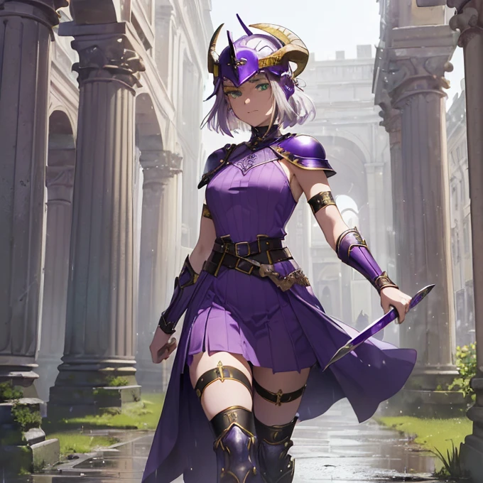 High Resolution, Simple background, Masterpiece, Best Quality, Detail, HD, High Quality,
{{(male adult faun praetorian guard: (fair skin, green eyes, sharp nose, sharp pointy short beard, black eyebrows, two goat firm horns), (violet roman praetorian helmet, roman violet armor steel cuirass, bulky roman violet shoulder plates, violet roman armmored arms plates, violet elbow plates, violet belt, violet armor hips, violet knee armor plates, (yellow spear and silver roman gladius sword)), (marching quietly around, imponent walking, firmly marching), (rainy morning, roman white streets, roman houses, roman white pillars))}}