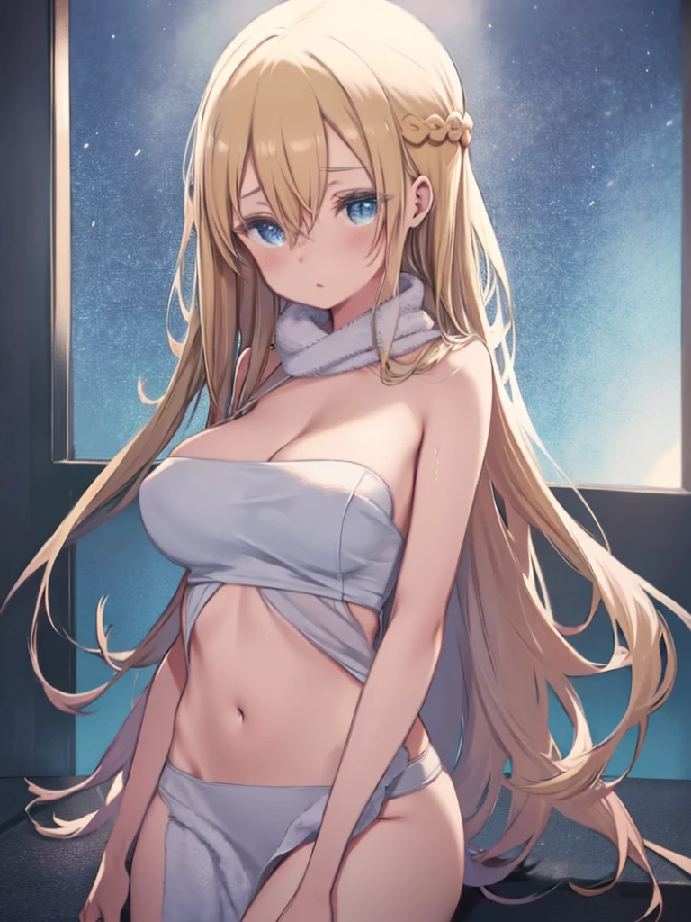 One Woman、After bath、Beautiful woman after bathing、naked、White panties、Cleavage、Sweat、Blonde Hair、long hair、Hair between the eyes、Blue Eyes、Big Breasts、Huge breasts、Hold a towel、hang a towel around your neck、towel around neck、Wet Hair、belly button、indoor、Upper Body、From the knee up、Are standing、((wipe your hair with a towel))、Watching the audience、△ Mouth、ログハウス風の建物のindoor、