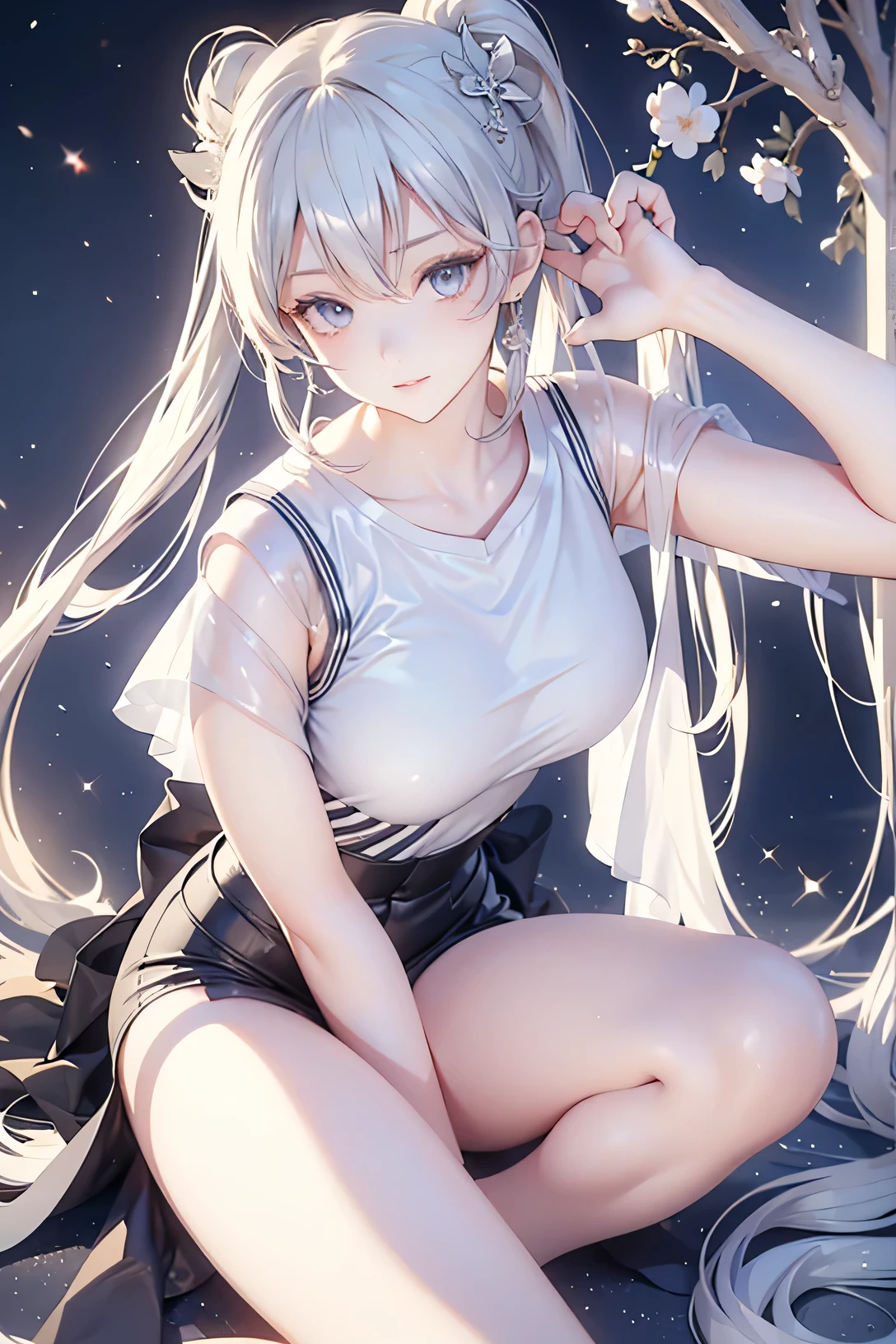 One girl,masterpiece,Highest quality,Blonde,Off the shoulder、stockings,Checked skirt),Short skirt JK,,Are standing,In total length,Medium chest,Very detailed,[[Realistic]],Beautiful and attractive anime teen,Enchanting anime girl,Swinging skirt,blue eyes, hair ornaments, Hair Ribbon,Show your forehead、Twin tails、Random color school girl uniform、Lace choker, short hair,,No bra,,Very detailed肌, Realistic texture、Very detailed顔, (Beautiful Fine Eyes, ,The girl has a toned figure., Intricate details,Closely、Embarrassed expression、blush、Shining Sweat、Perfect Skin,Sweat is noticeable in the cleavage、Sweating on thighs is noticeable、 Fair skin,Tight waist, Sweating profusely、Sweaty hair、Sweaty clothes、Sweaty、Visible sweat、Sweat-soaked hair、Athlete System、Cherry blossoms fluttering down、Silver Hair、Night cityscape。Reflection of light、moonlight