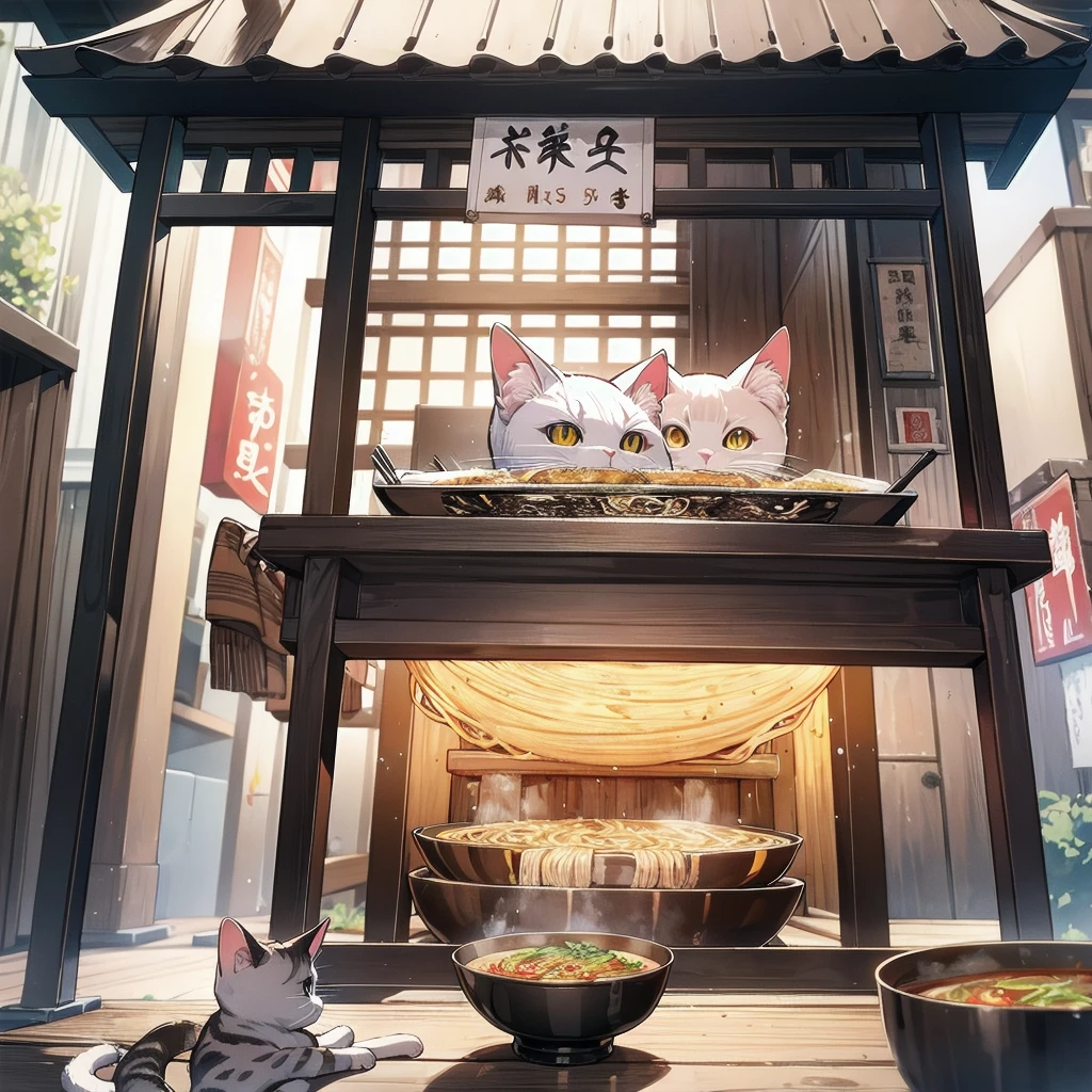 Unreal Engine, Detailed Background, Detailed Foreground, Depth of written boundary, Cat eating ramen, 日本のstall, stall ,Cat cooking ramen、