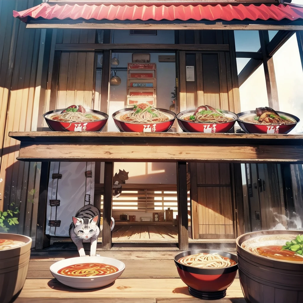 Unreal Engine, Detailed Background, Detailed Foreground, Depth of written boundary, Cat eating ramen, 日本のstall, stall ,Cat cooking ramen、
