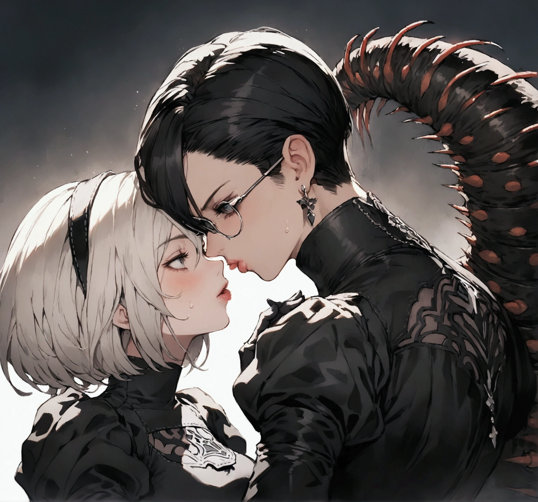 Best Quality, 2B Nier Automata and Bayonetta, giving each other a kiss, Whole body, Big centipedes, sweating a lot,