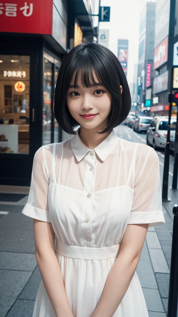 （Ultra-high resolution）（masterpiece）（Textured skin）（Very detailed）（high quality）（最high quality）（First Person View）(16K ),woman,(top shot),White dress shirt,smile,Blunt bangs bob cut,Shinjuku,Black Hair,model
