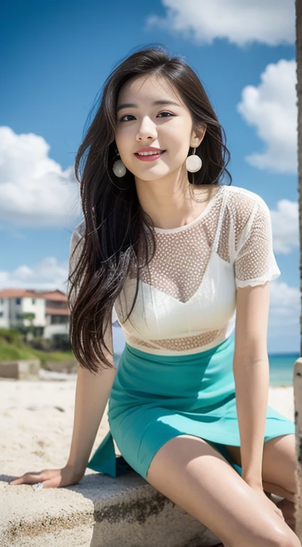 a young, Beautiful cute girl，Full body photo，Extremely beautiful and delicate，Black color hair，A sweet smile，Delicate and beautiful fair skin，Realistic and realistic，exquisite and complete facial features，Detailed depiction of the face，tall nose bridge，Smooth hair，extremely detail hair，Feminine temperament，Tall and tall，Thin，Realiy，White teeth，Hyper-realism，sandals，full body shot shot，Forward tilt angle,Extreme picture quality,Highest precision,Precise and perfect human anatomy。with blue sky and white clouds，Sitting on the Steppe，with blue sky and white clouds，rays of sunshine，Cows, sheeps, (White chiffon skirt)（telephoto shot，）Express the landscape，Highlight portrait。Wear earrings on the beach by the sea