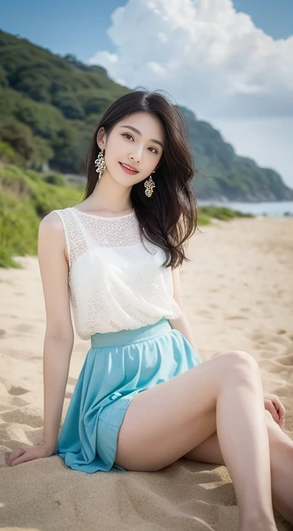 a young, Beautiful cute girl，Full body photo，Extremely beautiful and delicate，Black color hair，A sweet smile，Delicate and beautiful fair skin，Realistic and realistic，exquisite and complete facial features，Detailed depiction of the face，tall nose bridge，Smooth hair，extremely detail hair，Feminine temperament，Tall and tall，Thin，Realiy，White teeth，Hyper-realism，sandals，full body shot shot，Forward tilt angle,Extreme picture quality,Highest precision,Precise and perfect human anatomy。with blue sky and white clouds，Sitting on the Steppe，with blue sky and white clouds，rays of sunshine，Cows, sheeps, (White chiffon skirt)（telephoto shot，）Express the landscape，Highlight portrait。Wear earrings on the beach by the sea