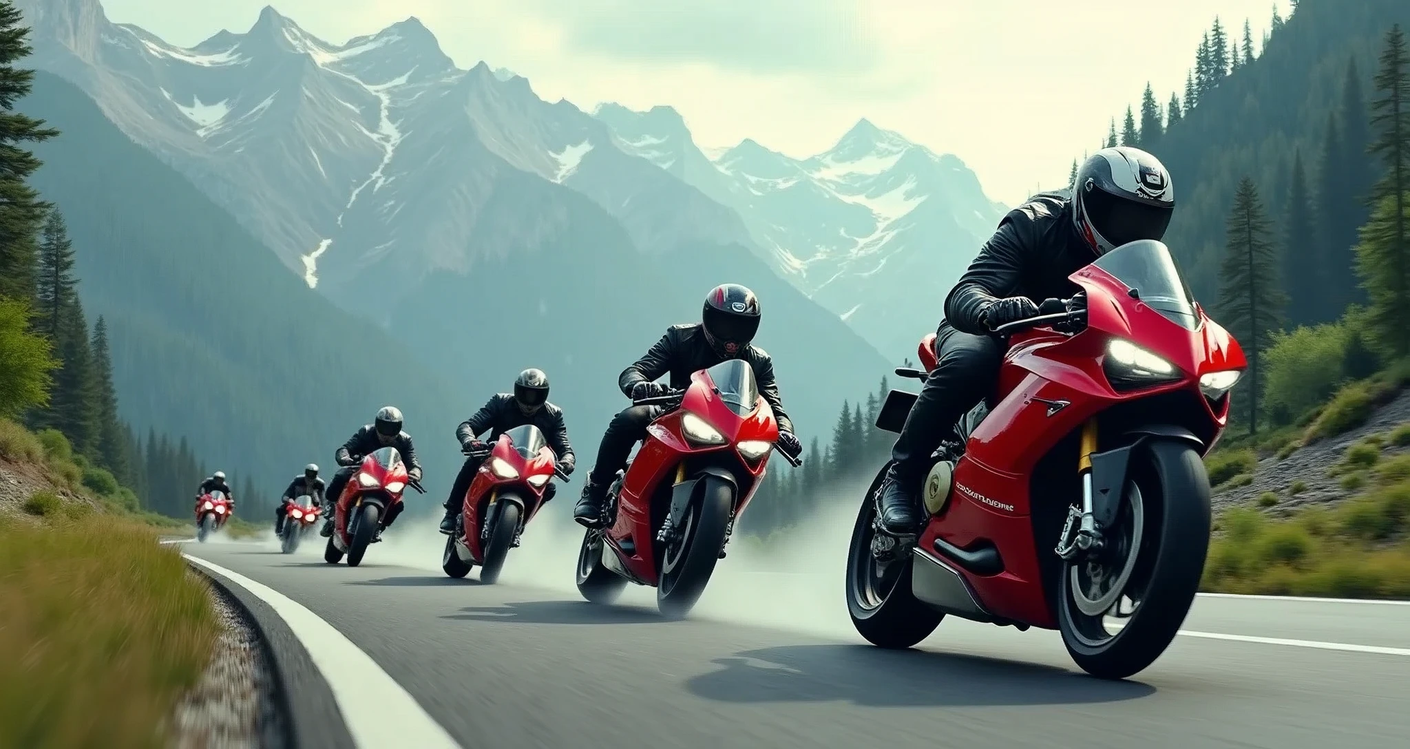 5 Ducati Panigale V4 riders streak across the winding asphalt, their sleek motorcycles leaving trails of smoke as they hurtle towards the rugged mountain range in the distance. The matte painting-style backdrop features towering peaks, lush green forests, and wispy cloud formations. Sunlight casts long shadows on the road, illuminating the motorcyclists' helmets and jackets as they bank into a turn, their tires screeching in perfect harmony., retina, accurate, masterpiece, super detail, high details, best quality, award winning, highres, HD, 4K, 8k, 16k, retina, accurate, masterpiece, anatomically correct, textured skin, super detail, high quality, award winning, highres, 8k, 16k