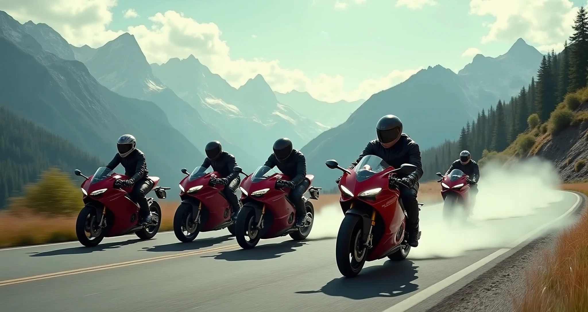 5 Ducati Panigale V4 riders streak across the winding asphalt, their sleek motorcycles leaving trails of smoke as they hurtle towards the rugged mountain range in the distance. The matte painting-style backdrop features towering peaks, lush green forests, and wispy cloud formations. Sunlight casts long shadows on the road, illuminating the motorcyclists' helmets and jackets as they bank into a turn, their tires screeching in perfect harmony., retina, accurate, masterpiece, super detail, high details, best quality, award winning, highres, HD, 4K, 8k, 16k, retina, accurate, masterpiece, anatomically correct, textured skin, super detail, high quality, award winning, highres, 8k, 16k