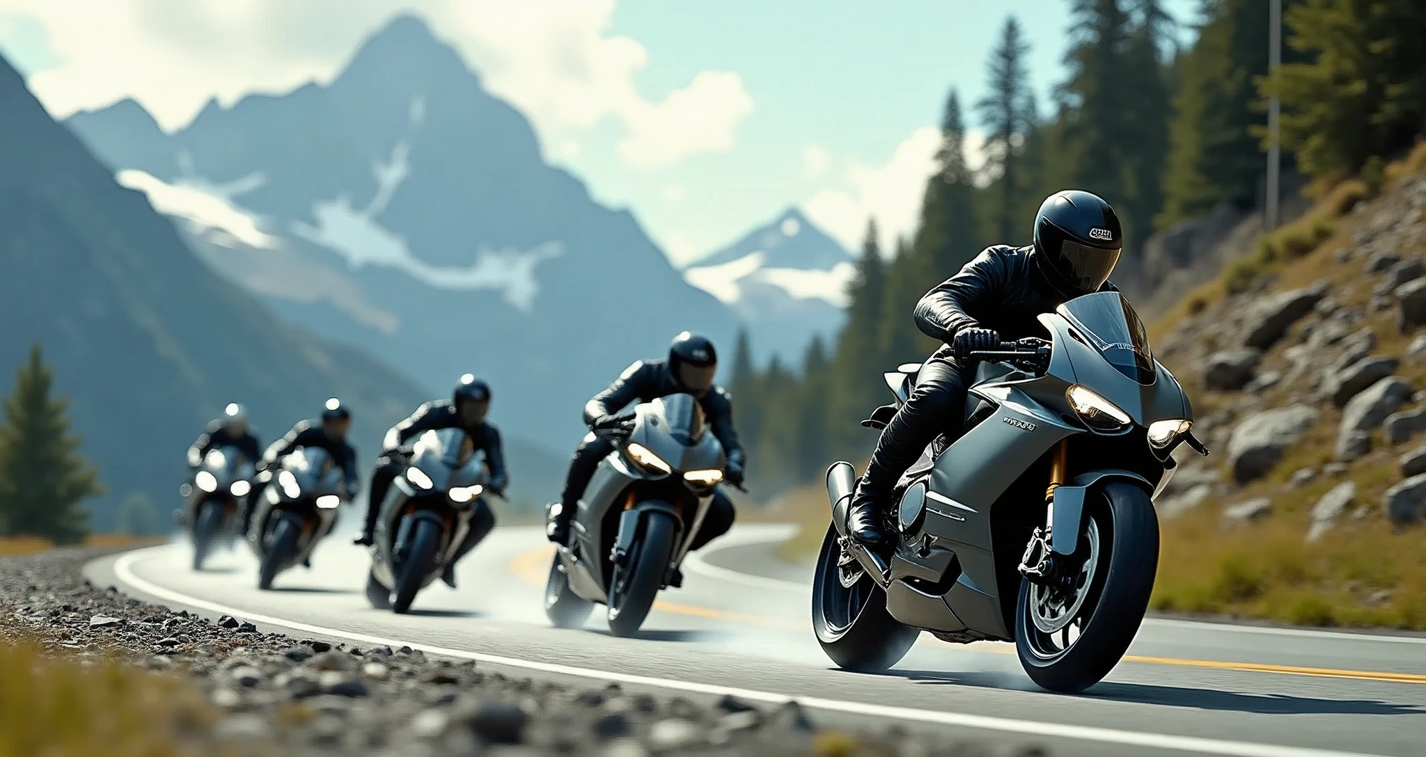 5 Ducati Panigale V4 riders streak across the winding asphalt, their sleek motorcycles leaving trails of smoke as they hurtle towards the rugged mountain range in the distance. The matte painting-style backdrop features towering peaks, lush green forests, and wispy cloud formations. Sunlight casts long shadows on the road, illuminating the motorcyclists' helmets and jackets as they bank into a turn, their tires screeching in perfect harmony., retina, accurate, masterpiece, super detail, high details, best quality, award winning, highres, HD, 4K, 8k, 16k, retina, accurate, masterpiece, anatomically correct, textured skin, super detail, high quality, award winning, highres, 8k, 16k