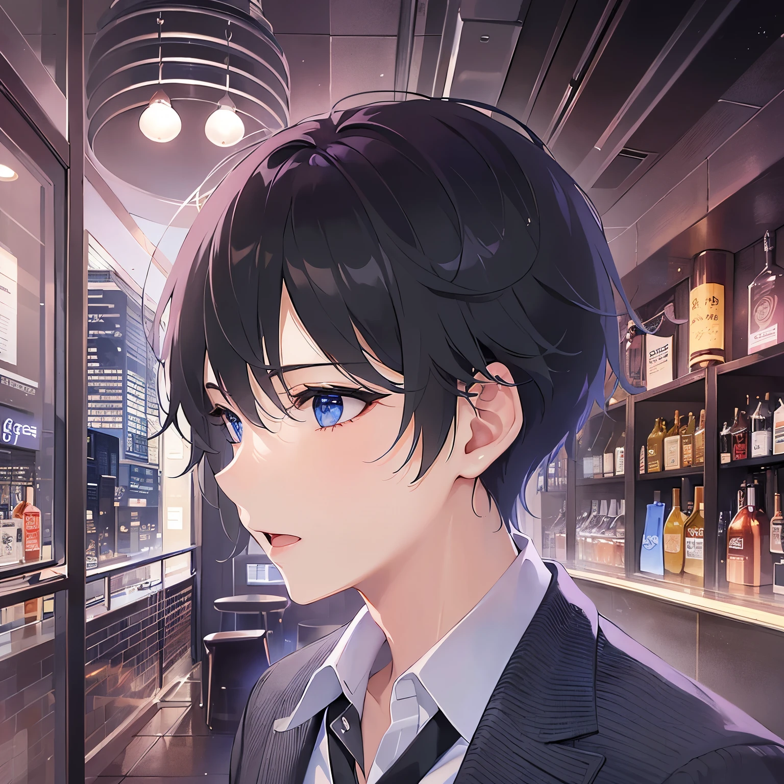 upper body、profile、Side shot、
shiny skin, masterpiece、Highest quality、
(25-year-old male:1.2) and (Black short hair) and (blue eyes),
(black collared shirt)
frown、open mouth,The background is the interior of a bar at night.、(alone:1.5)