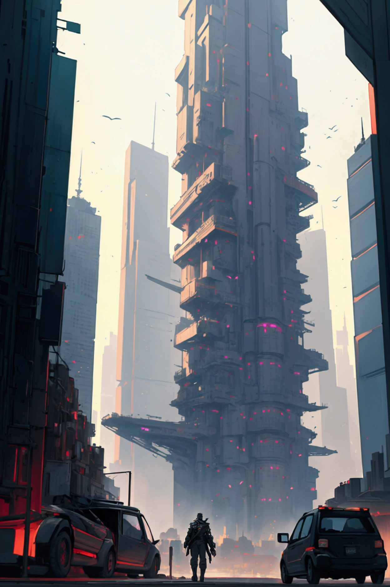 A man in a sprawling futuristic cityscape at sunset with flying cars, towering skyscrapers with neon lights, and a bustling metropolis below with people wearing high-tech clothes. Manga-style.