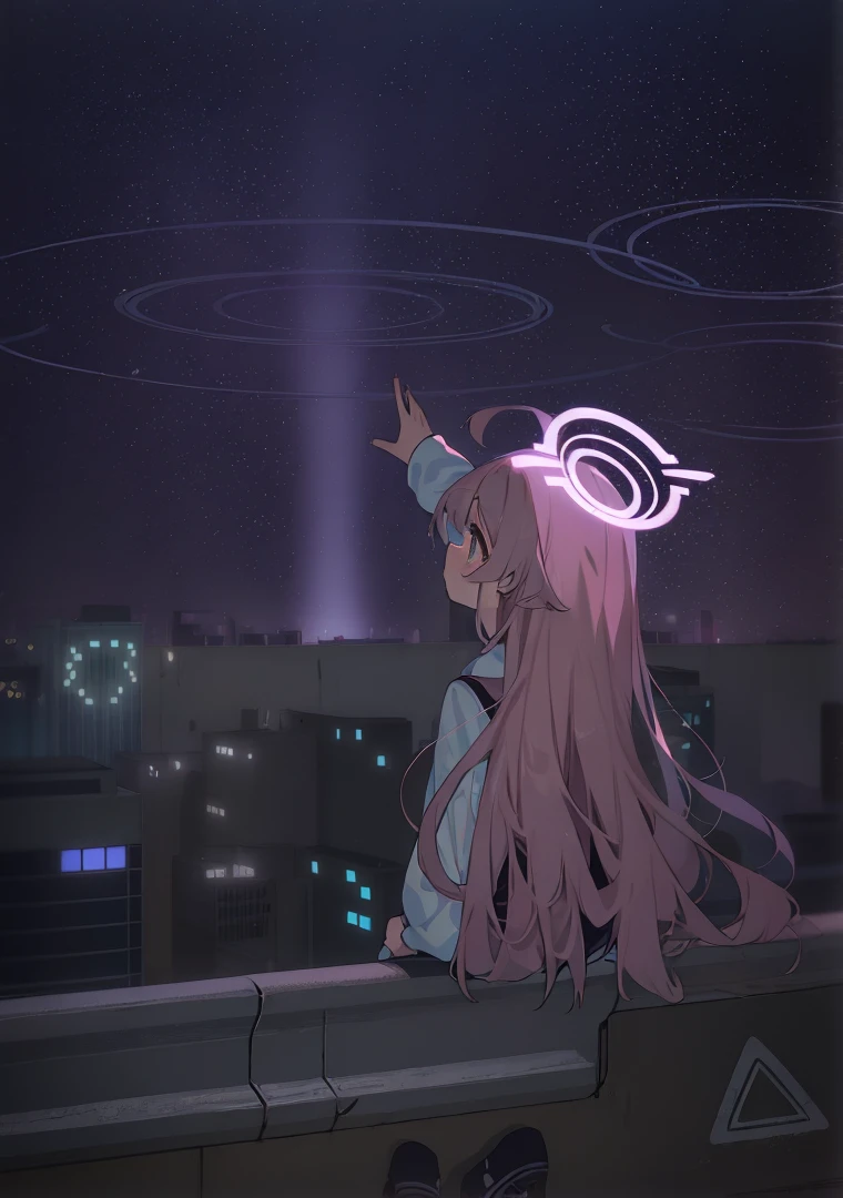 anime girl sitting on a ledge with her head in the air, best anime 4k konachan wallpaper, ethereal anime, zerochan art, anime keyframe, anime atmospheric, atmospheric anime, anime girl with cosmic hair, humanoid pink female squid girl, nightcore, digital cyberpunk anime art, anime style cityscape, by Shingei, anime cyberpunk art, nighttime!!，oyamamahiro