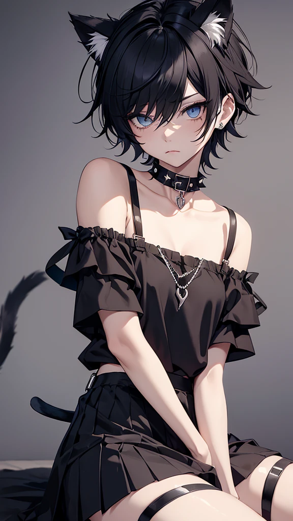 1boy, emo, cat ears, spiked choker, black off-shoulder shirt, skirt