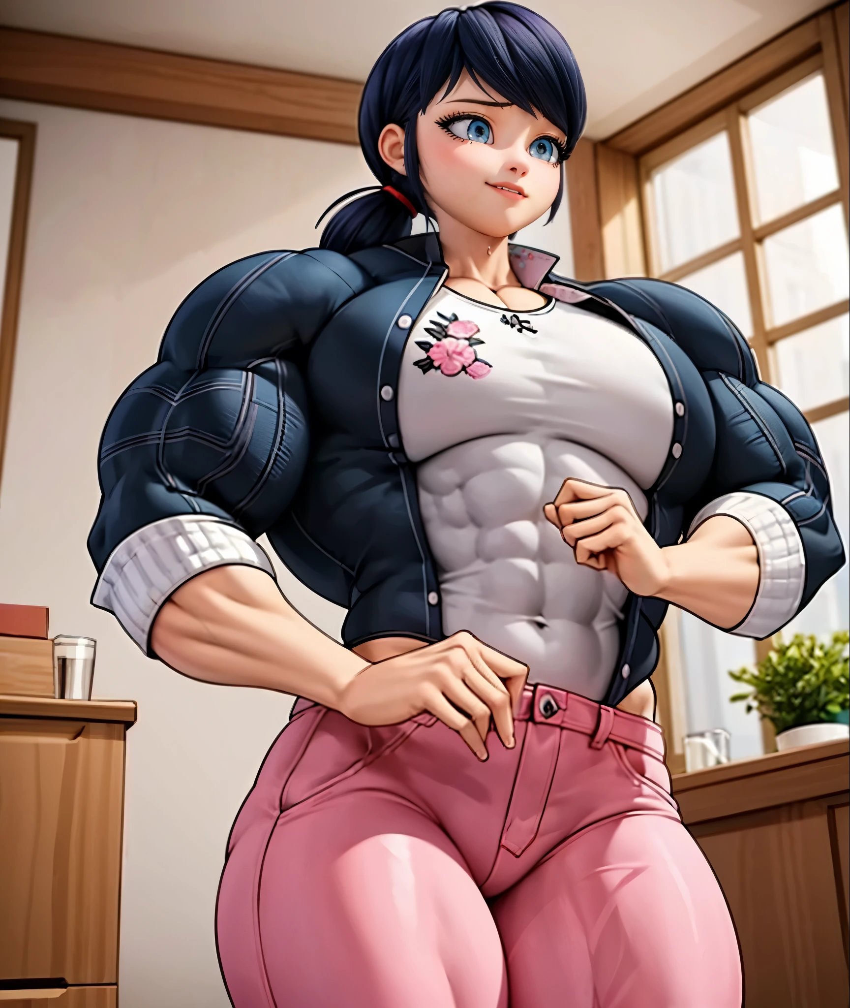(big muscular female bodybuilder, beautiful detailed eyes, beautiful detailed lips:1.1,strong physique, two short pigtails, (smile), ( Marinette wears a white printed shirt ), black jacket, ((( dark pink jean's , plane jean's, without pattern))), and ballet flats.), lifting weight, Thick Neck, watermelon sized muscular arms and wall size legs, ((big ass)), ((toned abs)), powerful expression,sweating:1.1, bed background:0.9, intense focus:1.1, vibrant colors, dramatic lighting), rippling muscles,sturdy frame,dark tan,fit around the waist,(10 pack abs),strong arms and shoulders,intense expression,determined look,well-defined muscles and veins,straining muscles,artistic pose,steely gaze,side lighting,powerful presence,vivid colors,dynamic composition,studio lighting,physically-based rendering,athletic build,bodybuilding silhouette,professional,gritty texture,bokeh.