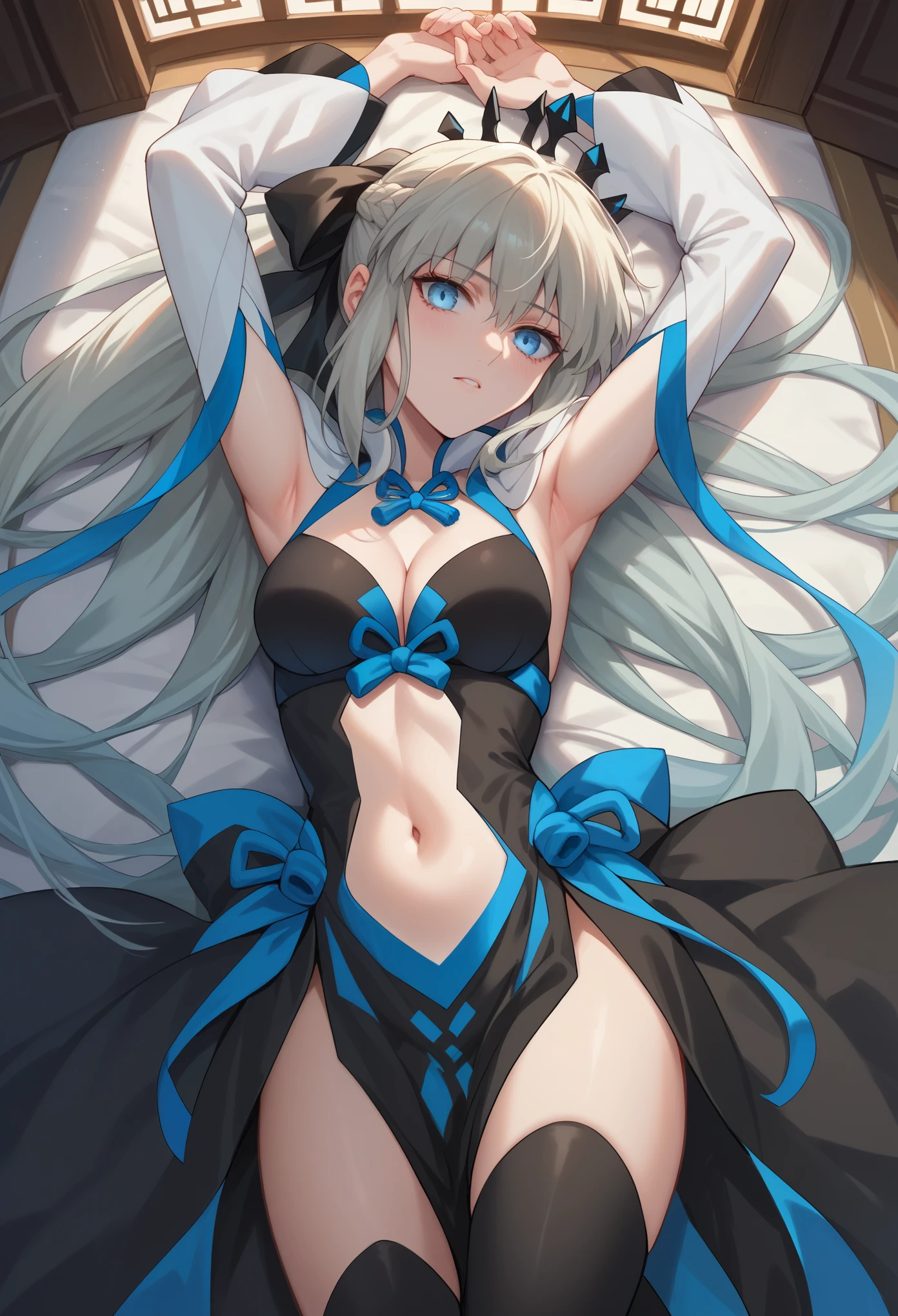 score_9, score_8_up, score_7_up, 1girl, solo, long hair, grey hair, blue eyes, very long hair, ponytail, black ribbon, hair ribbon, french braid, short dress, detached sleeves, cleavage, clothing cutout, detached collar, pelvic curtain, black boots, thigh-boots, lying on back, arms up, inexpressive, looking at you, inside a medival palace, from above