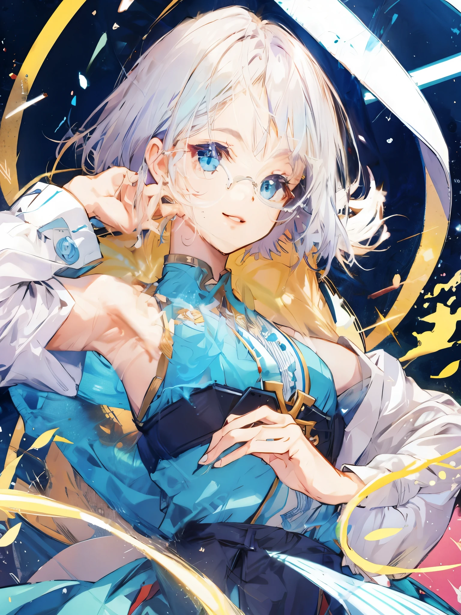 Sea motif Blue Hair Wearing small glasses Beautiful water splashes Transparency Gradient hair Eye color is purple Dressed in a sailor uniform