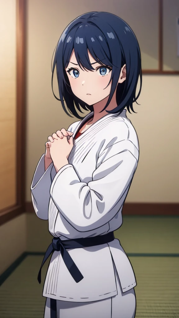 ((masterpiece, Highest quality, Very detailed, Very nice 8K CG wallpaper)), , A little thick, Medium Hair, Navy Blue Hair, short hair, Dark blue eyes,judo player、長袖judo着、Large bust、ロングjudoパンツ、judo、Serious expression、Inside the judo Gymnasium、、On the tatami、discovery、One Girl、Combat Stance、A tough fight、Hoshino Ichika、Bust Size D Cup、A boy holding both of her wrists、Kissed by a boy、Reddening of the face