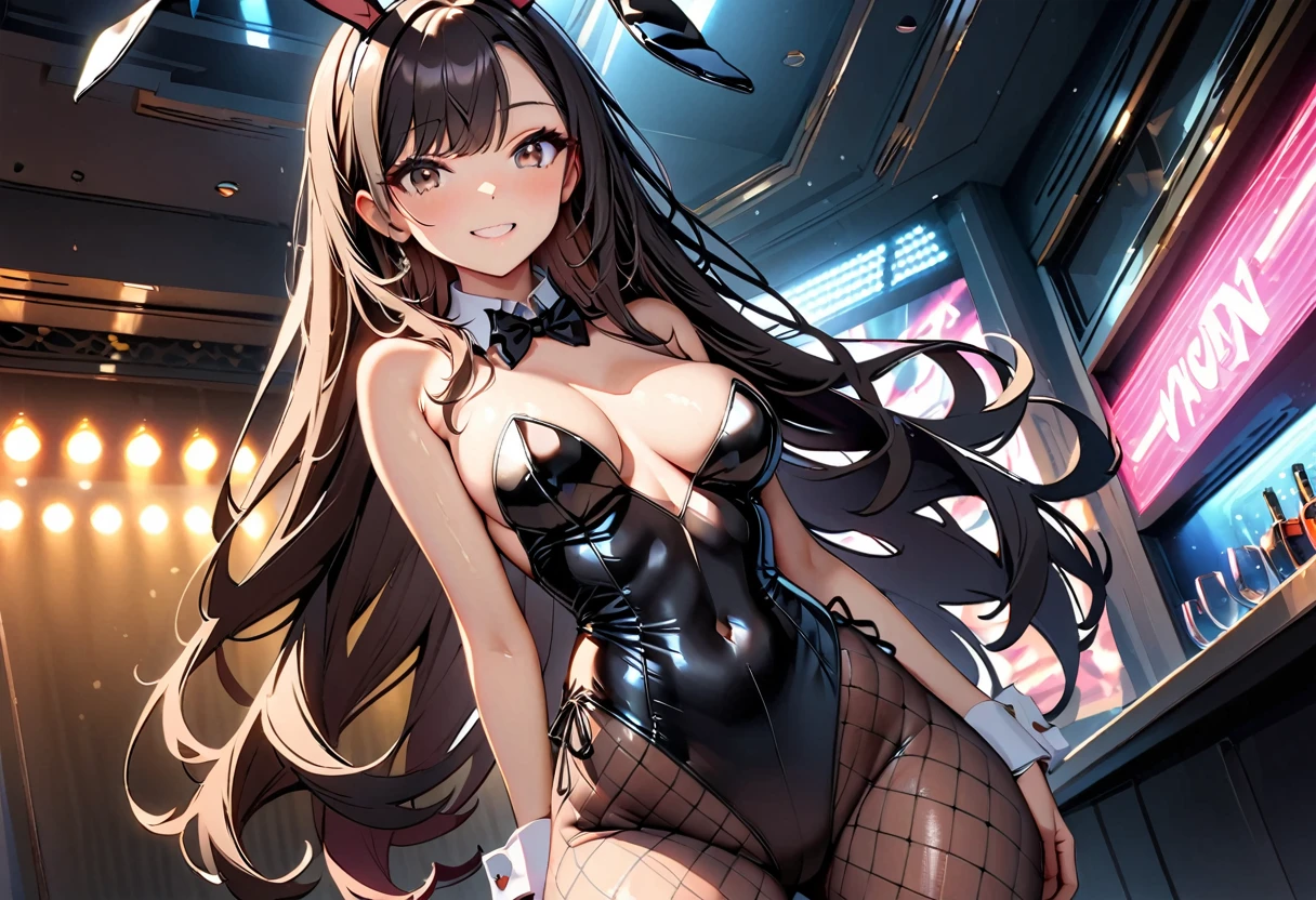 (Highest quality:1.2, Attention to detail, masterpiece:1.2, Best aesthetics), (1 girl), Cowboy Shot, ((Playboy ?????, Fishnet tights:1.2, ????? ears, ハイレグ leotard, 黒leotard:1.1, leotard)), (Black Hair, Long Hair, Asymmetrical bangs, Dark brown eyes), 美しいAttention to detail目, Beautiful lip detail, Highly detailed face, Detailed Fashion, elegant, luxury, High quality fabric, Shine, Shine, smile, Random Pause, Dutch Angle, bar, Nightclub, night, Dramatic lighting, Cinematic, Bright colors, Intricate details, Chiaroscuro lighting.