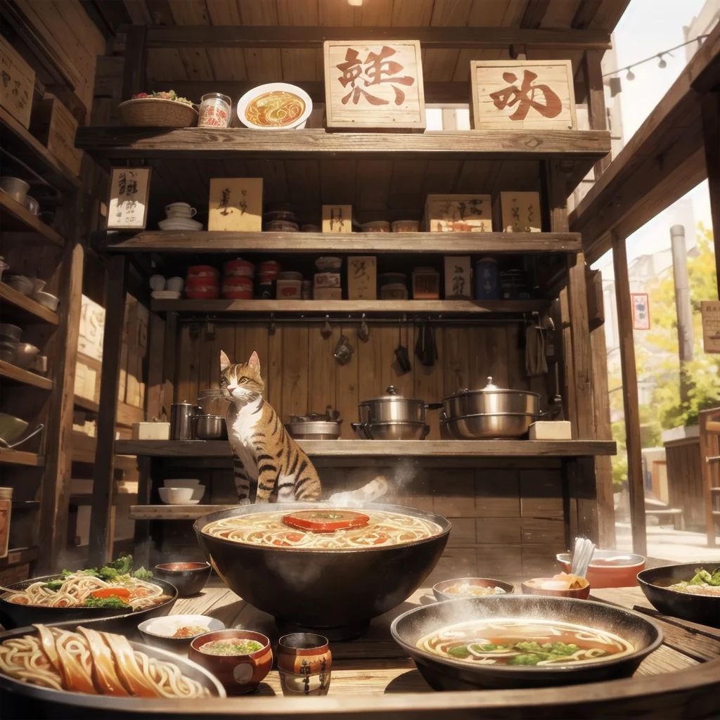 Unreal Engine, Detailed Background, Detailed Foreground, Depth of written boundary, Cat eating ramen, 日本のstall, stall ,Cat cooking ramen、