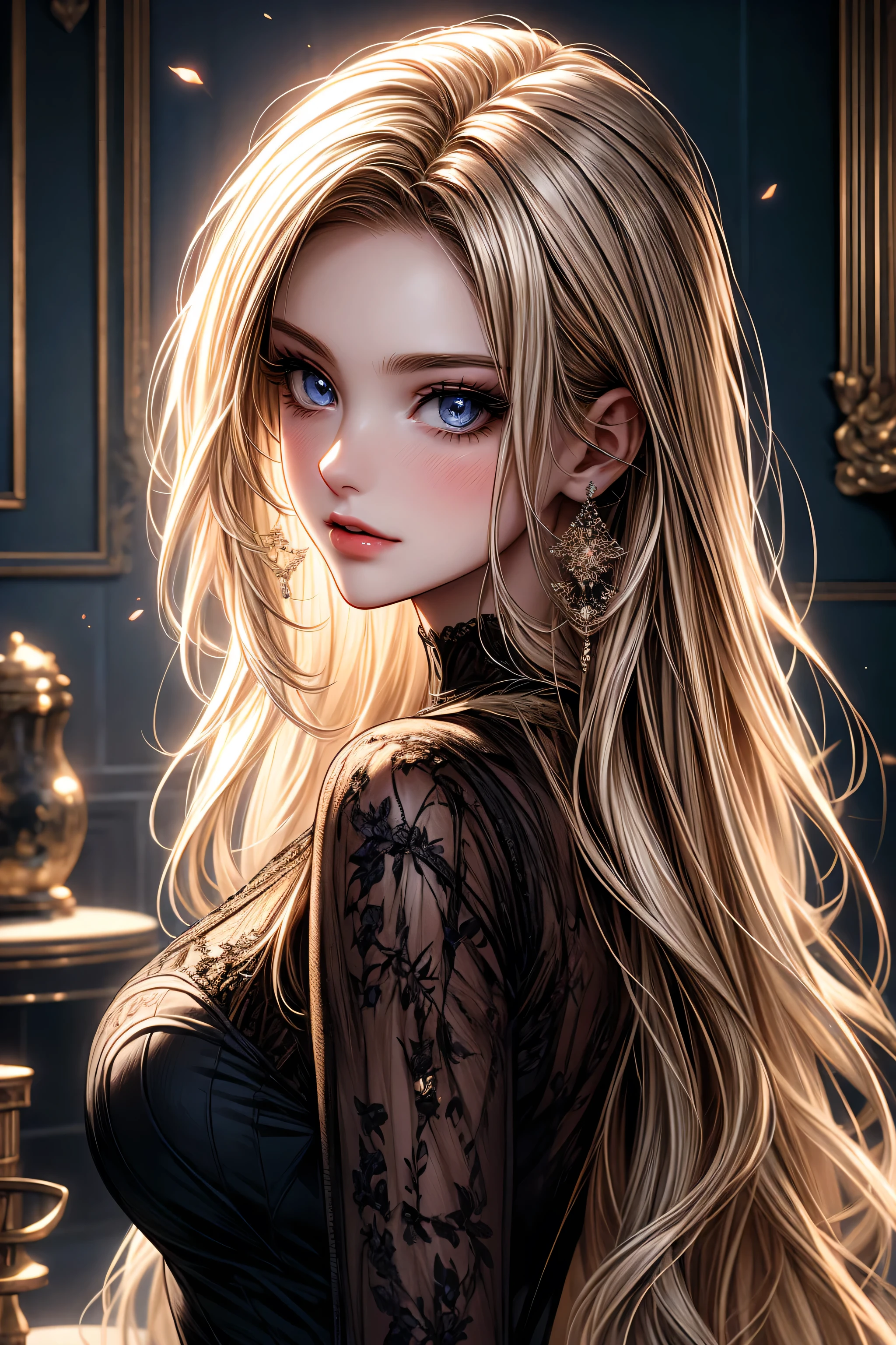A girl in a room,beautiful detailed eyes,beautiful detailed lips, very long hair, blonde hair, extremely detailed eyes and face,longeyelashes,illustration,ultra-detailed,best quality,4k,8k,highres,masterpiece:1.2,ultra-fine painting,sharp focus,professional,vivid colors,portraits, light smile, dark aura