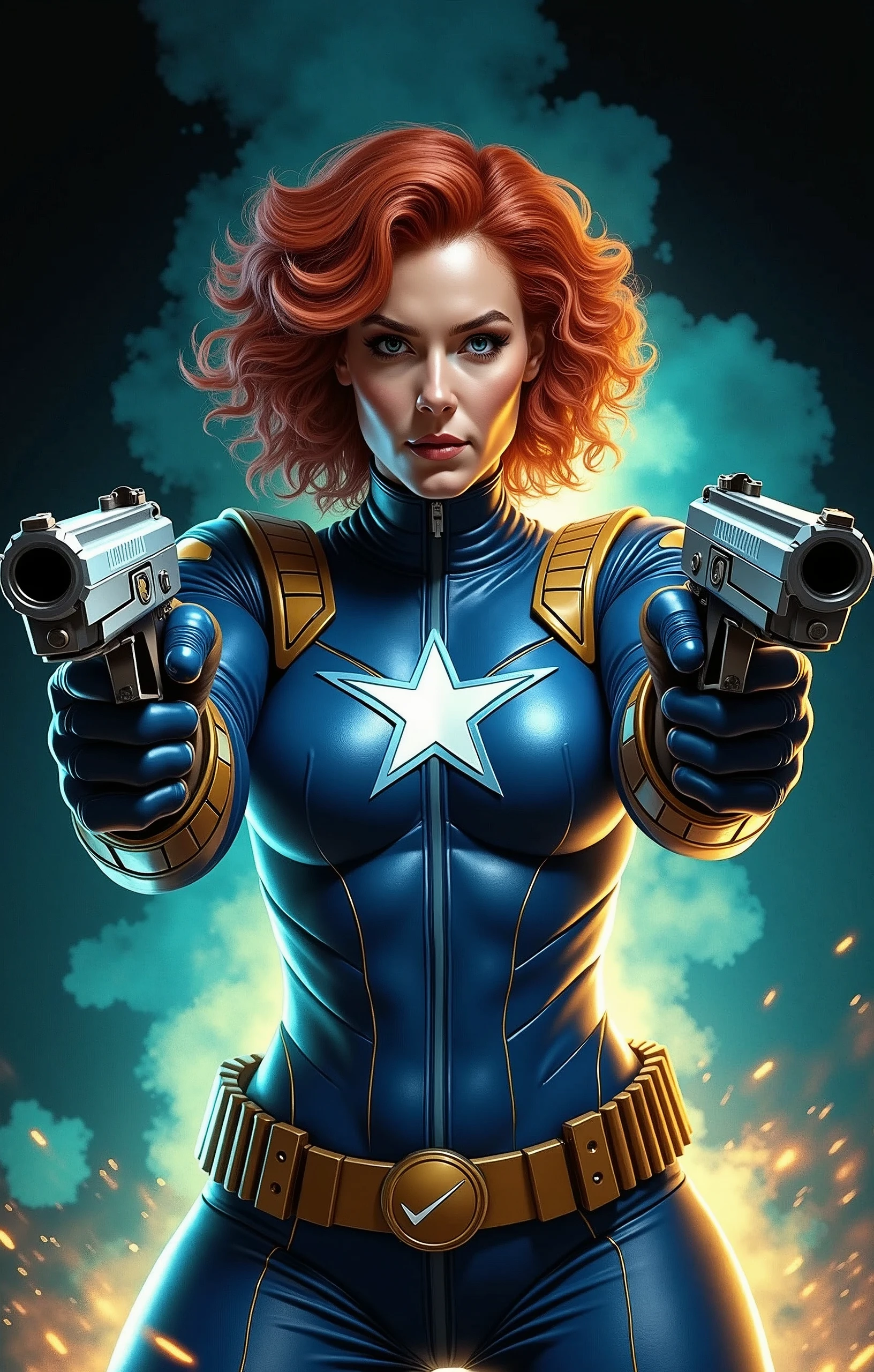 In this captivating image, the central female character exudes confidence and authority, her curly red hair a vibrant contrast to the sleek blue suit with gold accents, complete with gloves and boots that evoke a sense of uniformity. Her hands firmly grasp two pistols, their metallic surfaces and grips gleaming in the light as she surveys the dynamic background with a determined gaze. The explosion of colors behind her, featuring blues and greens, adds to the overall sense of energy and action, evoking the world of comic books or video games where she takes center stage as a powerful superhero.