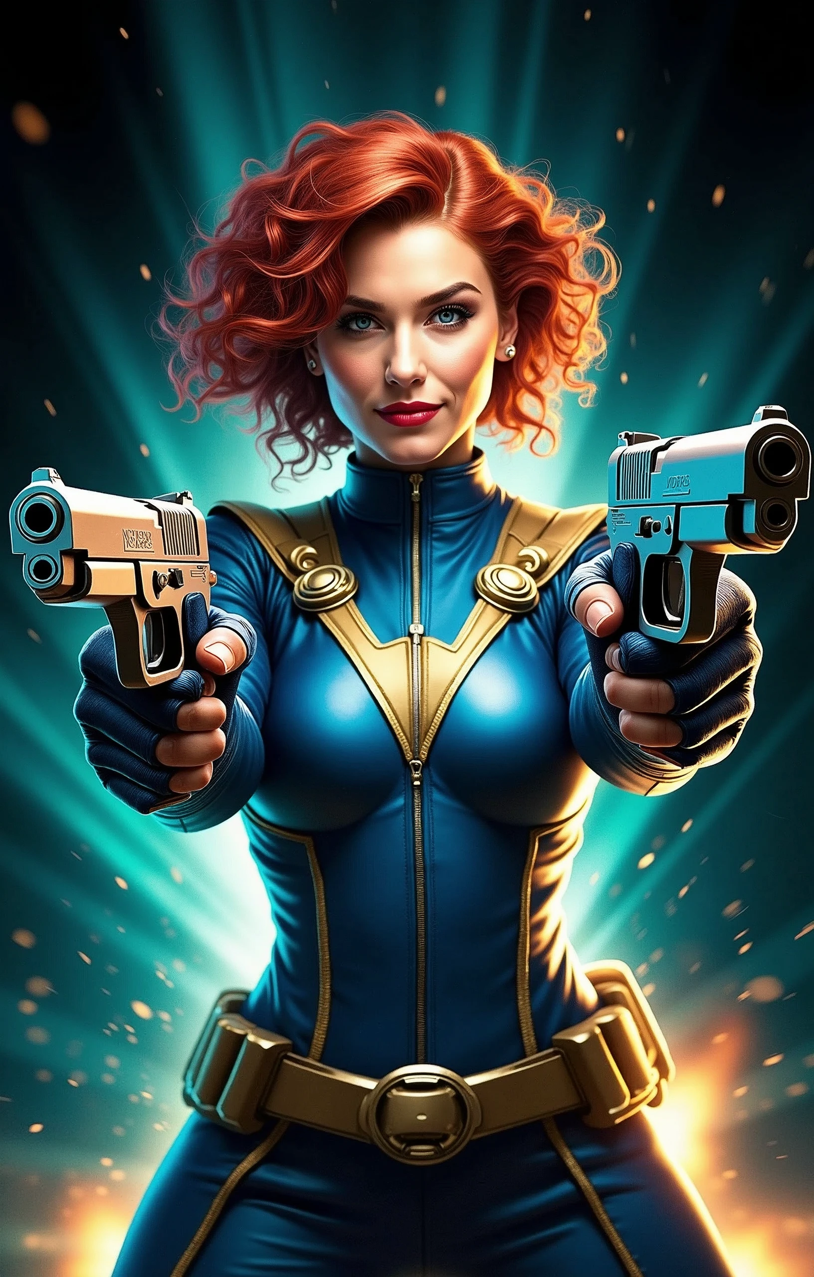 In this captivating image, the central female character exudes confidence and authority, her curly red hair a vibrant contrast to the sleek blue suit with gold accents, complete with gloves and boots that evoke a sense of uniformity. Her hands firmly grasp two pistols, their metallic surfaces and grips gleaming in the light as she surveys the dynamic background with a determined gaze. The explosion of colors behind her, featuring blues and greens, adds to the overall sense of energy and action, evoking the world of comic books or video games where she takes center stage as a powerful superhero.