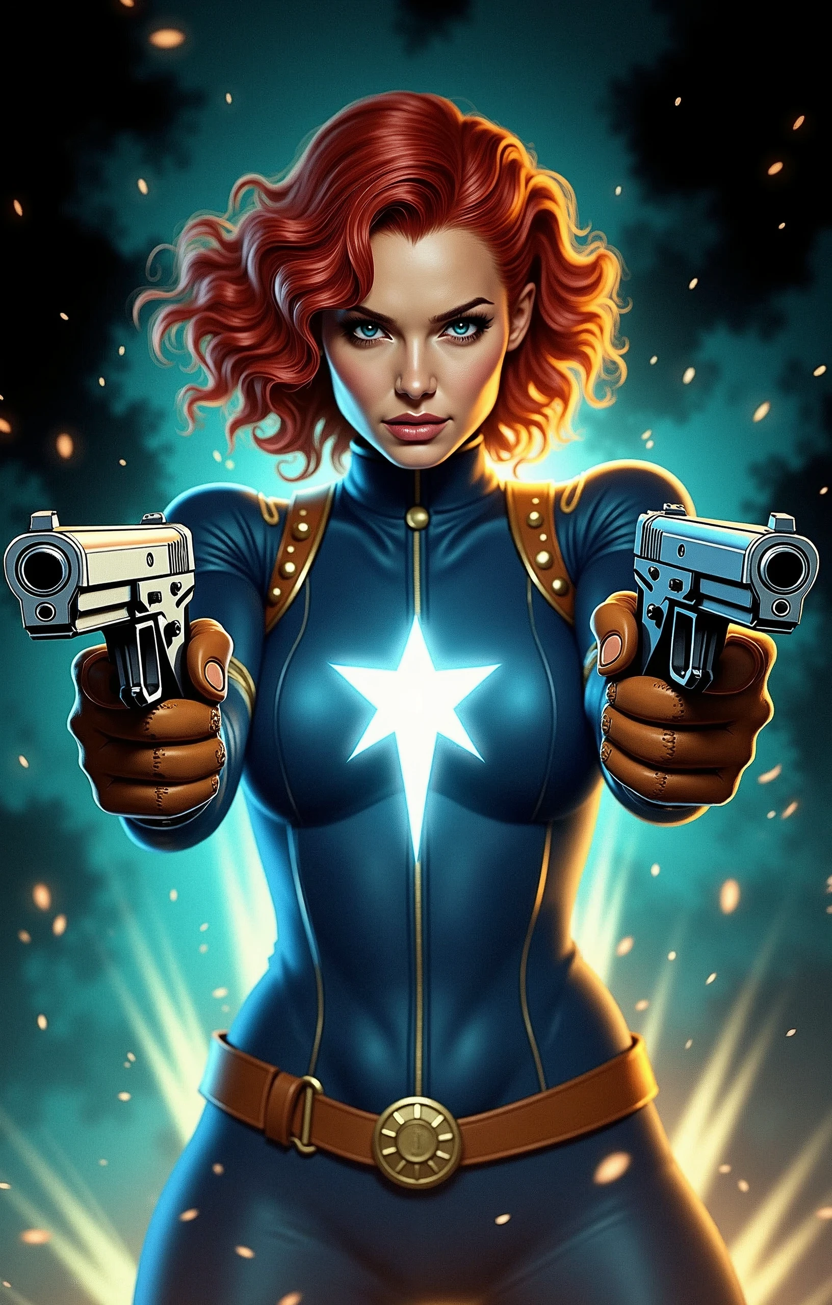 In this captivating image, the central female character exudes confidence and authority, her curly red hair a vibrant contrast to the sleek blue suit with gold accents, complete with gloves and boots that evoke a sense of uniformity. Her hands firmly grasp two pistols, their metallic surfaces and grips gleaming in the light as she surveys the dynamic background with a determined gaze. The explosion of colors behind her, featuring blues and greens, adds to the overall sense of energy and action, evoking the world of comic books or video games where she takes center stage as a powerful superhero.