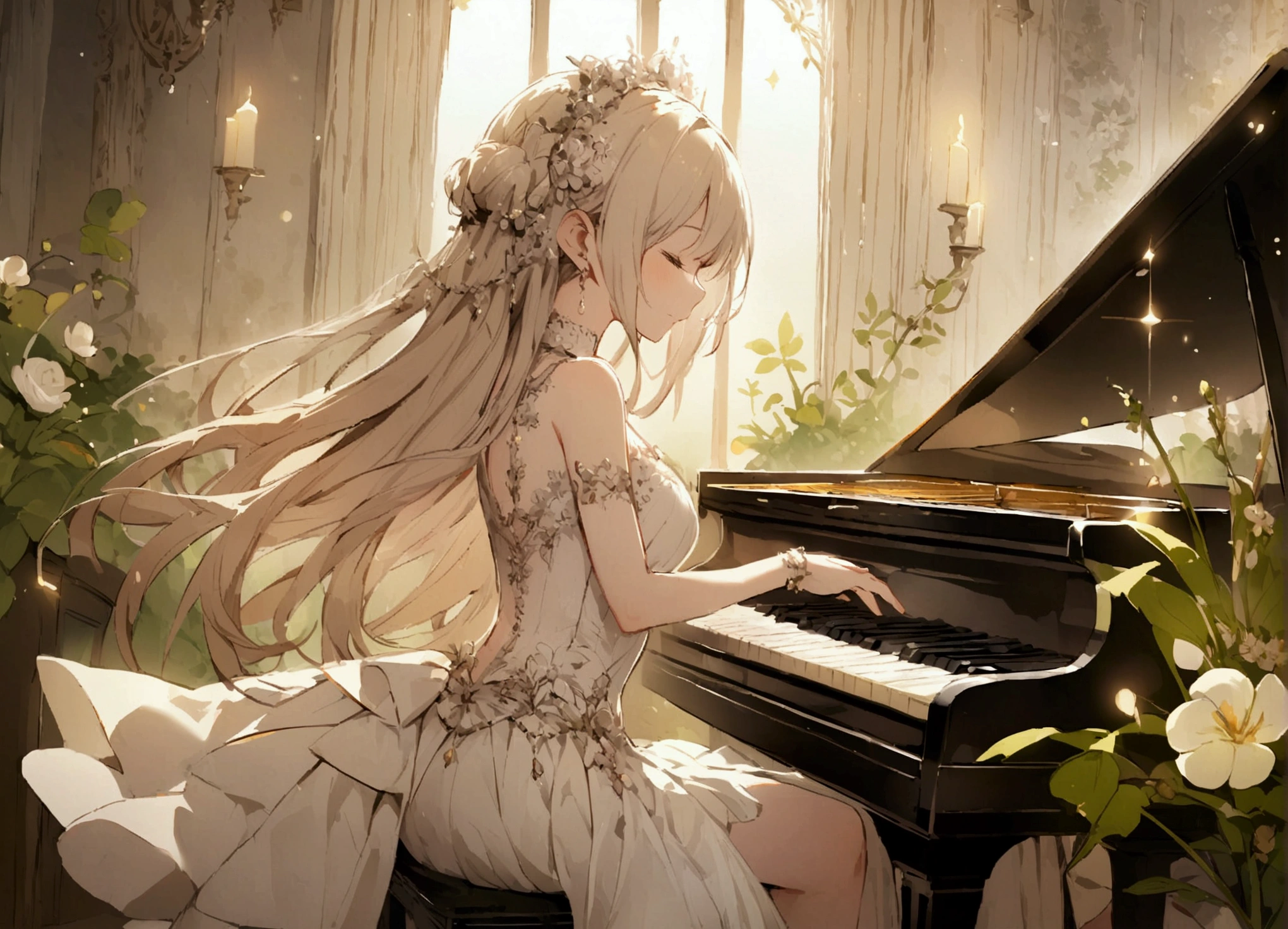 Draw a music festival poster，play piano，Musical note elements