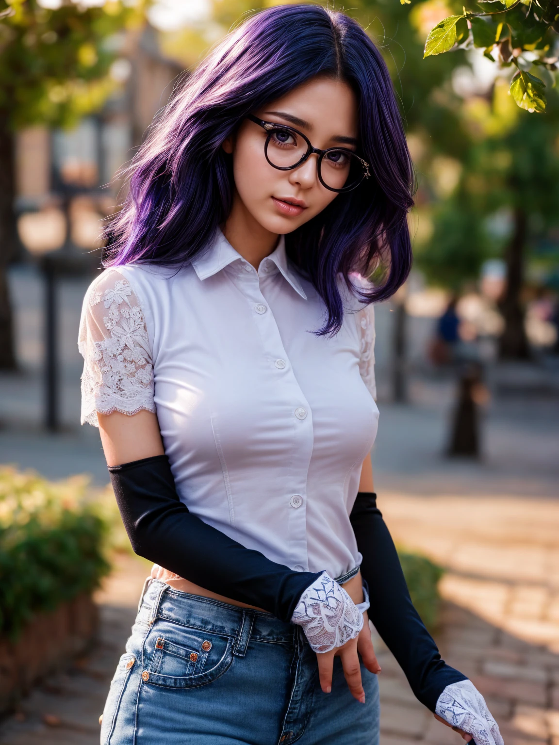 (1 lady), (Best quality at best:1.4), (ultra - detailed), (extremely detailed CG unified 16k), A Beautiful Woman with Perfect Figure: 1.4, Sharp Focus: 1.2, purple hair, very detailed, High-definition RAW color photo, professional photoshooting, amazing face and eyes, cosmetics, (amazingly beautiful girl), ((kotomi)), ((exact clothes: short blue jeans, navy blue shirt, Black Lace Bridal Gloves, glasses)), (looking cute, immerse in her own thoughts expression), (City park, extremely detailed background, realistic background, first date vibes), realistic cinematic face, head to feet long wide zoomed out view, full body long view, photorealistic, ((realistic natural purple hair style, purple eyes)), gorgeous, extremely beautiful face, pretty face, delicate girl, skinny but in good shape, perfect model beauty, pout mouth, Highly Detailed Face and Skin Texture, Detailed Eyes, Double Eyelids, Medium size breasts, shy but motivated expression, (masterpiece), best quality, high resolution, extremely detailed, cinematic lighting, amazing legs, clear and well-cared skin, (milky pale skin, white skin like milk)