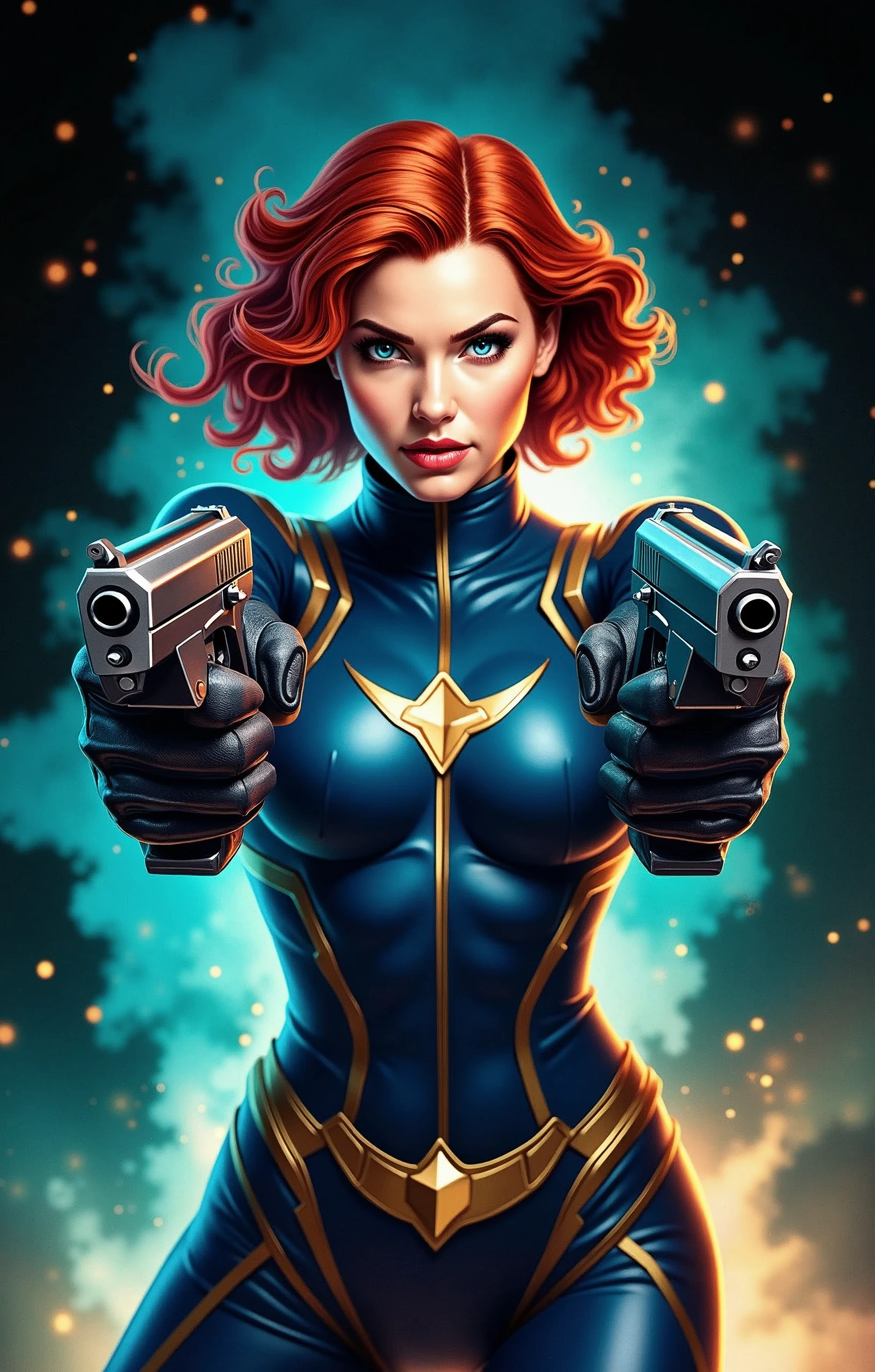 In this captivating image, the central female character exudes confidence and authority, her curly red hair a vibrant contrast to the sleek blue suit with gold accents, complete with gloves and boots that evoke a sense of uniformity. Her hands firmly grasp two pistols, their metallic surfaces and grips gleaming in the light as she surveys the dynamic background with a determined gaze. The explosion of colors behind her, featuring blues and greens, adds to the overall sense of energy and action, evoking the world of comic books or video games where she takes center stage as a powerful superhero.