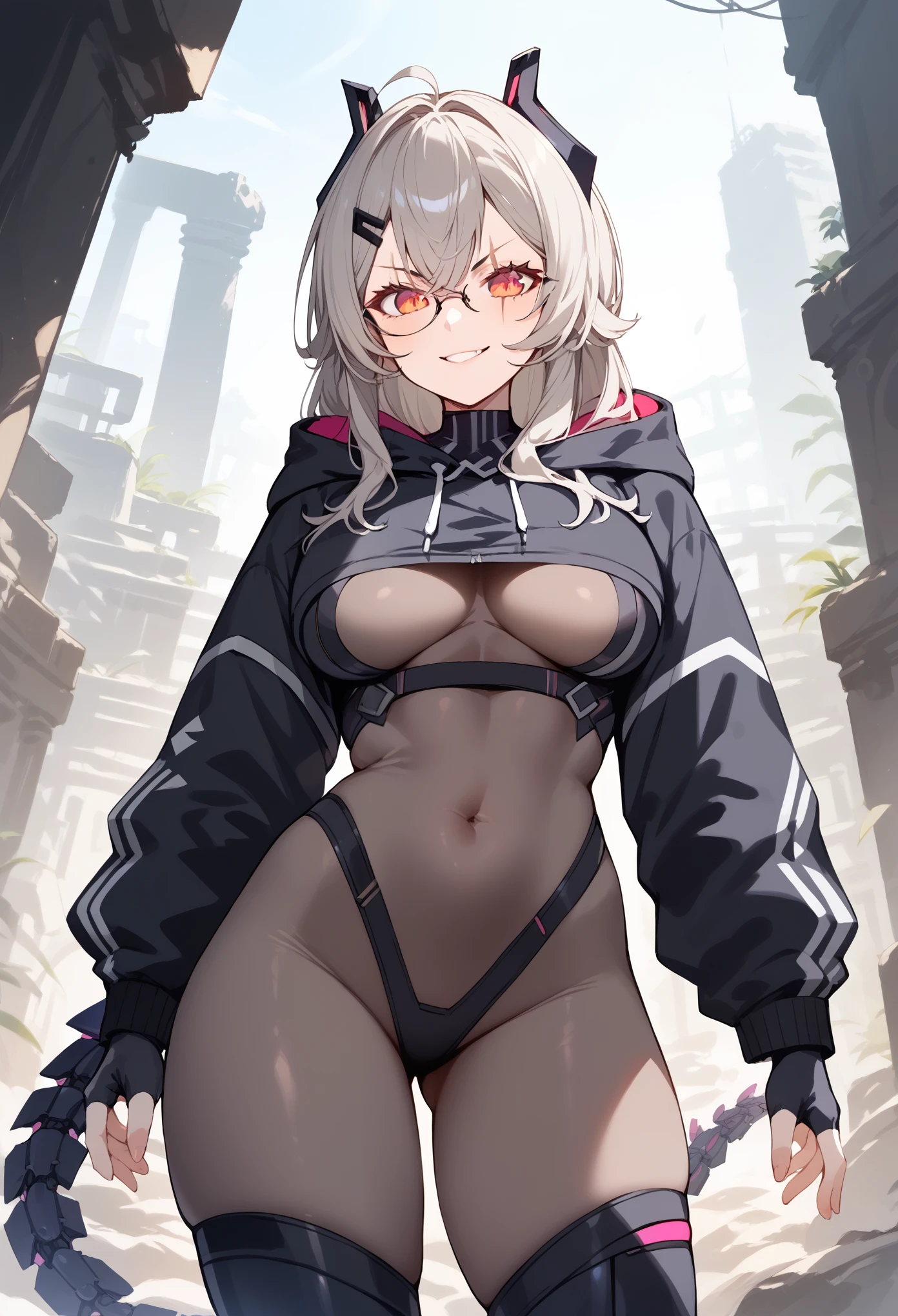 score_9, score_8_up, source_anime, 1girl, solo, SarueiDefault, grey hair, glasses, scar across eye, long hair, headgear, cropped hoodie, black hoodie, bodystocking, covered navel, covered cleavage, black bodysuit, power suit, fingerless gloves, mechanical tail, outdoors, smirk, ruins,