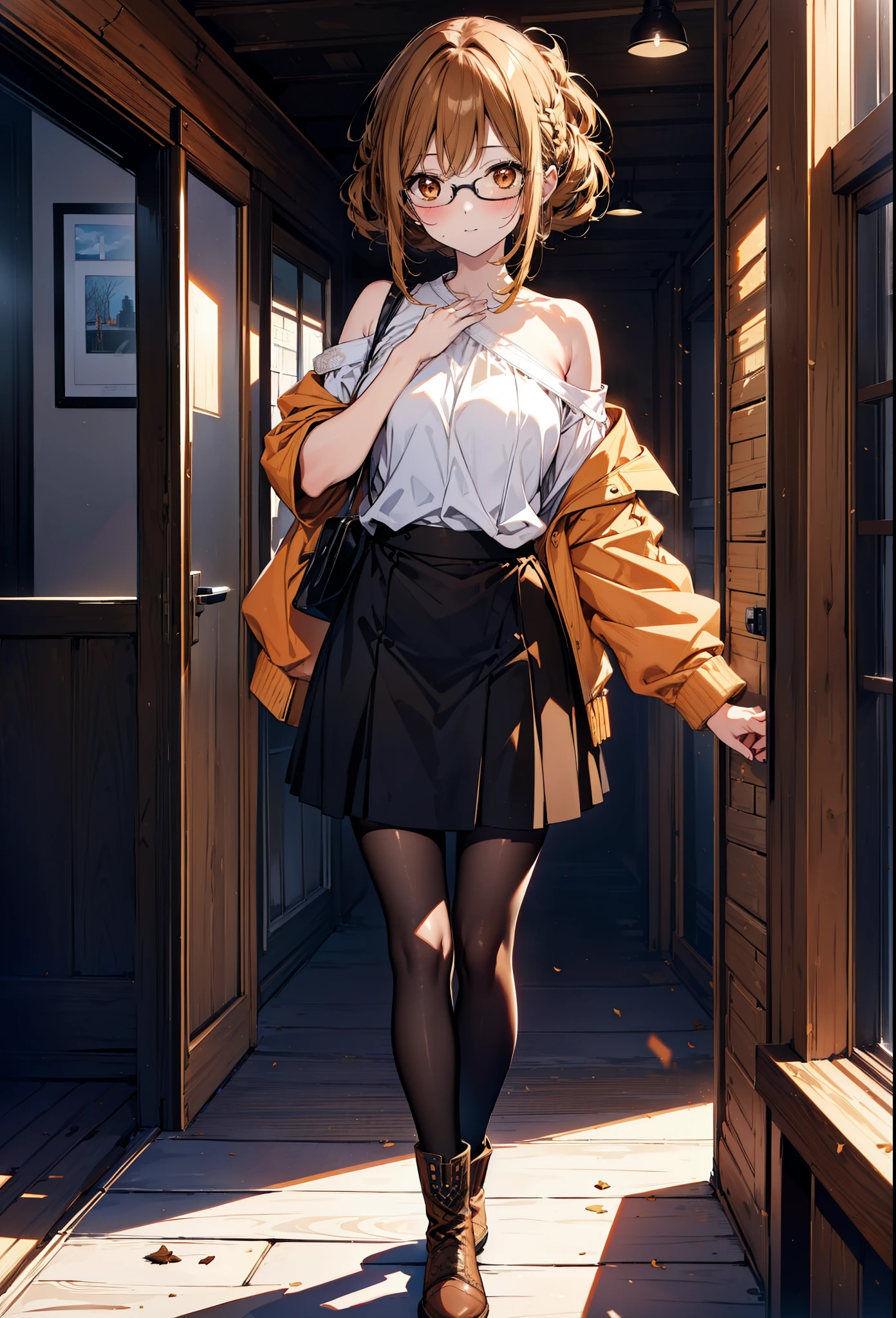 a sun ayuuki, a sun a yuuki, Brown Hair, (Brown eyes:1.8),smile,blush,Long braids,Black-rimmed glasses,Red one-shoulder sweater,Long skirt,Black pantyhose,short boots,Daytime,Clear skies,Walking,whole bodyがイラストに入るように,
break outdoors, Building district,
break looking at viewer, whole body,
break (masterpiece:1.2), Highest quality, High resolution, unity 8k wallpaper, (figure:0.8), (Beautiful attention to detail:1.6), Highly detailed face, Perfect lighting, Highly detailed CG, (Perfect hands, Perfect Anatomy),