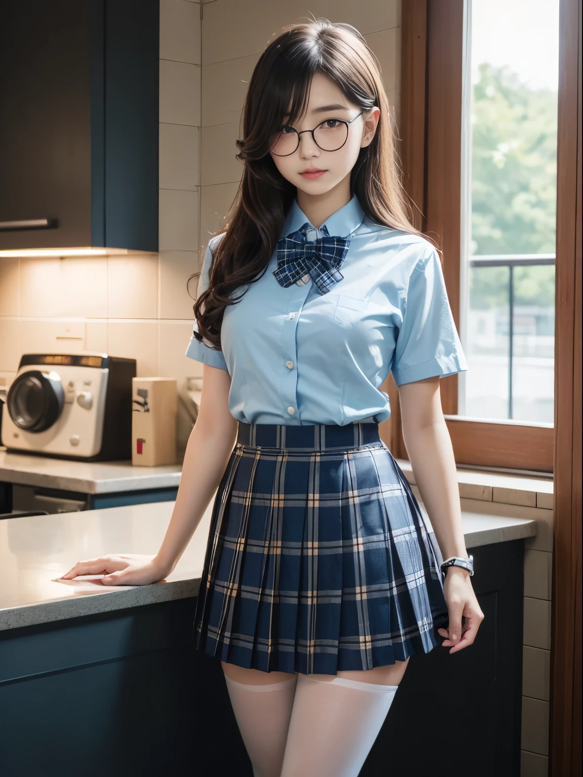 (8k、生photograph、Highest quality、masterpiece:1.2)、Bun、(Small eyes)、(Black Pantyhose)、((Small breasts)、(Small breasts)、(Small breasts)、(Cutting board)、(Cutting board))、((Half an eye))、((Sleepy eyes))、((Squint your eyes))、(Round Glasses)、One person、cute、JK、high school girl、Japanese women、Are standing、(PhotoReactive:1.37)、Photon Mapping、Real、(Very delicate face)、cute小さな顔、Brown eyes、(Red bow tie)、Radio City、Physically Based Rendering、Prospect、Character boundary depth、Blurred Background、photograph、girl、body、Beautiful feet、Long legs、Thin legs、(前hairが見える)、hair、lips、Blue_The目、Soft Nose、(Light blue shirt)、(Navy, blue and white plaid pleated skirt)、High school uniforms、See-through clothing、Thighs、black cotton socks、Nogizaka Idol、、Japan Ido