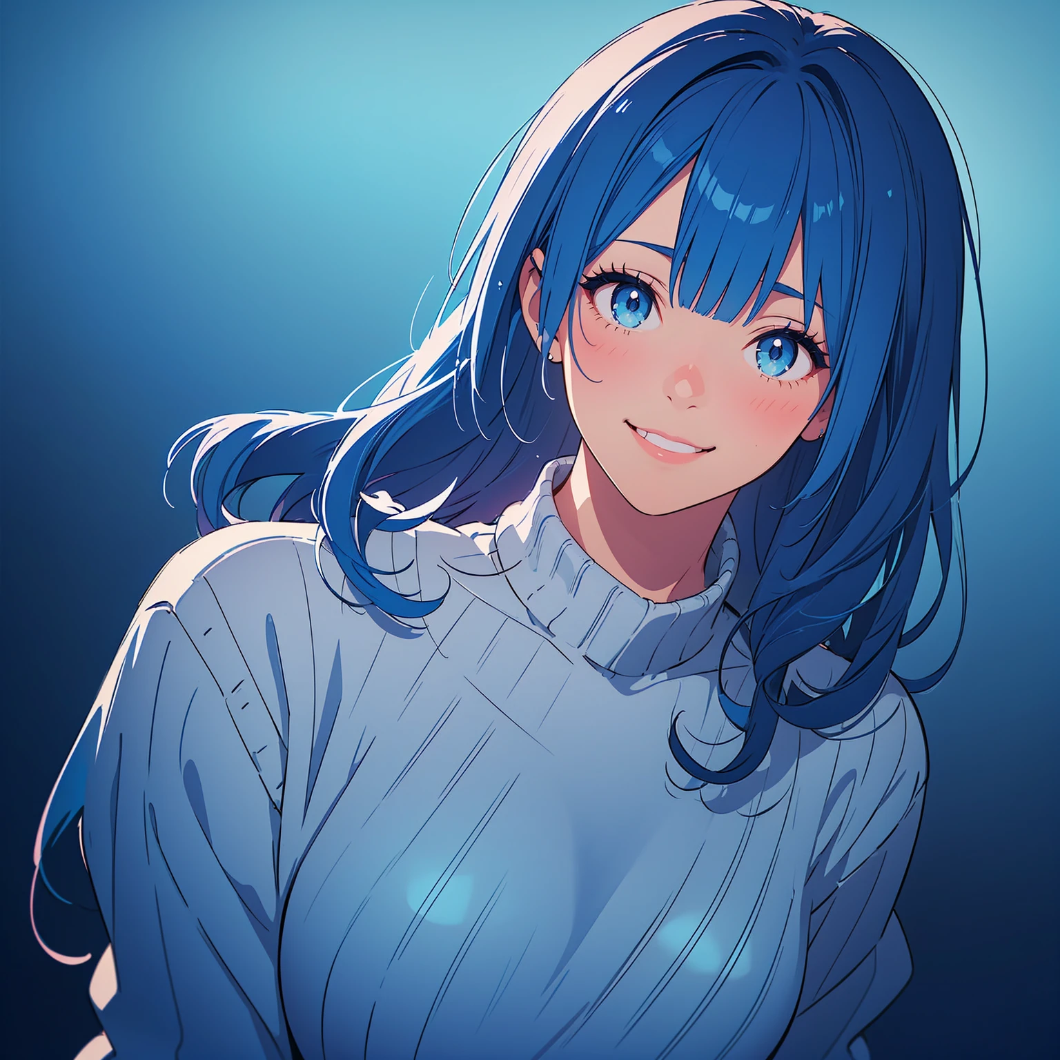 (best quality, sketch:1.2),realistic,illustrator,anime,1 girl, detailed lips, sweater, custom, blue gradient background, neon hair, Blue hair, medium wavy hair, blunt bangs, friendly, cute smile, kind smile, textured cropping, masterpiece, style retro classic, noir dark 