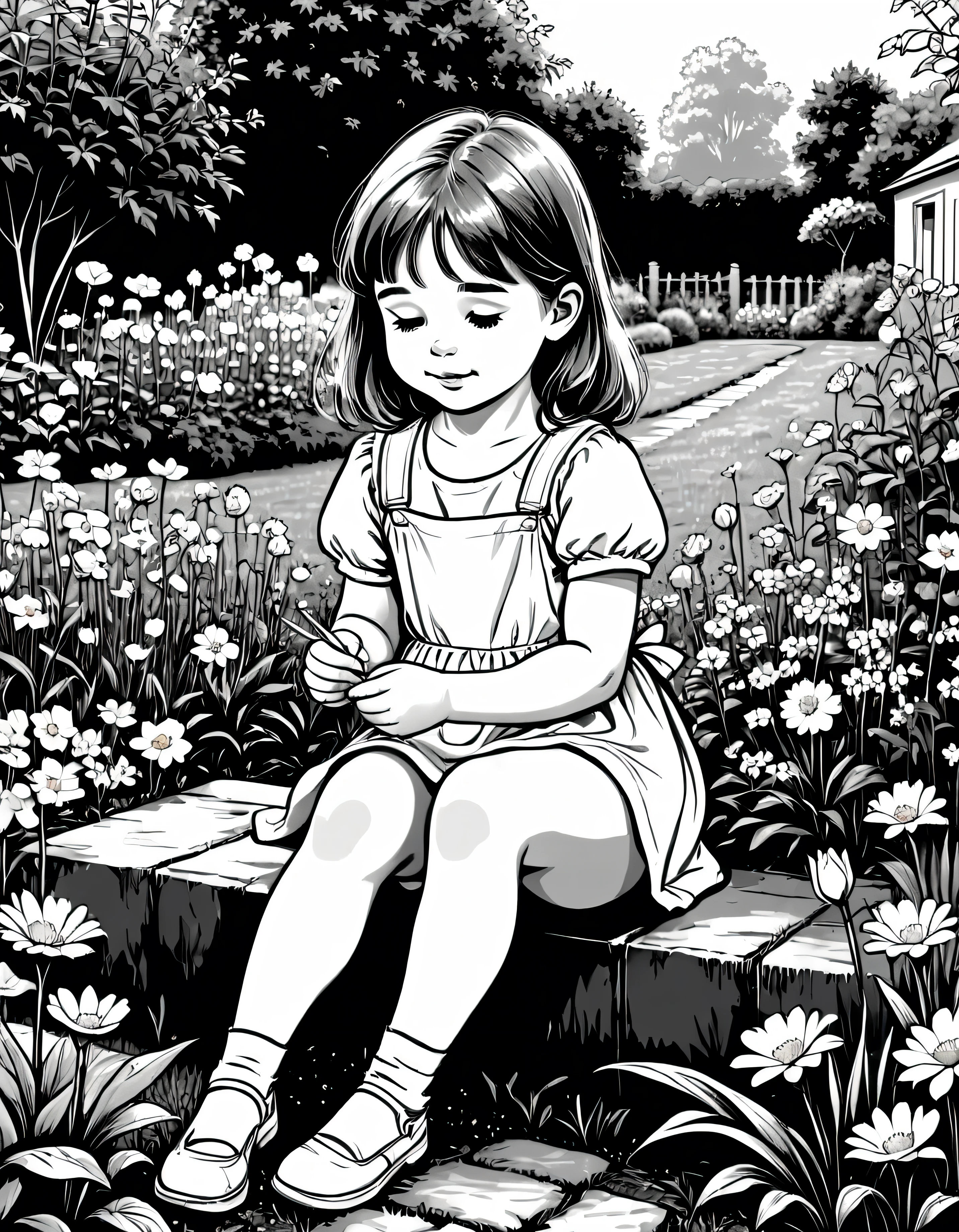 ittle girl with a bandaid on knee sitting in garden picking flowers, black and white, outlines only, line art, vector, black background, vector art, crisp whiite fill