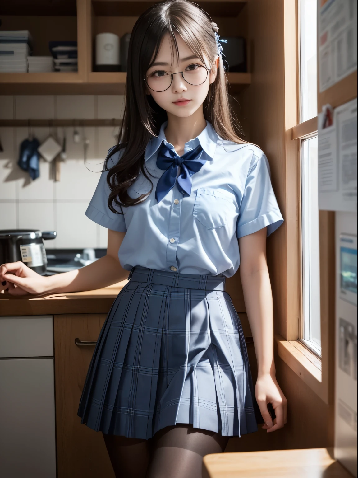 (8k、生photograph、Highest quality、masterpiece:1.2)、Bun、(Small eyes)、(Black Pantyhose)、((Small breasts)、(Small breasts)、(Small breasts)、(Cutting board)、(Cutting board))、((Half an eye))、((Sleepy eyes))、((Squint your eyes))、(Round Glasses)、One person、cute、JK、high school girl、Japanese women、Are standing、(PhotoReactive:1.37)、Photon Mapping、Real、(Very delicate face)、cute小さな顔、Brown eyes、(Red bow tie)、Radio City、Physically Based Rendering、Prospect、Character boundary depth、Blurred Background、photograph、girl、body、Beautiful feet、Long legs、Thin legs、(前hairが見える)、hair、lips、Blue_The目、Soft Nose、(Light blue shirt)、(Navy, blue and white plaid pleated skirt)、High school uniforms、See-through clothing、Thighs、black cotton socks、Nogizaka Idol、、Japan Ido