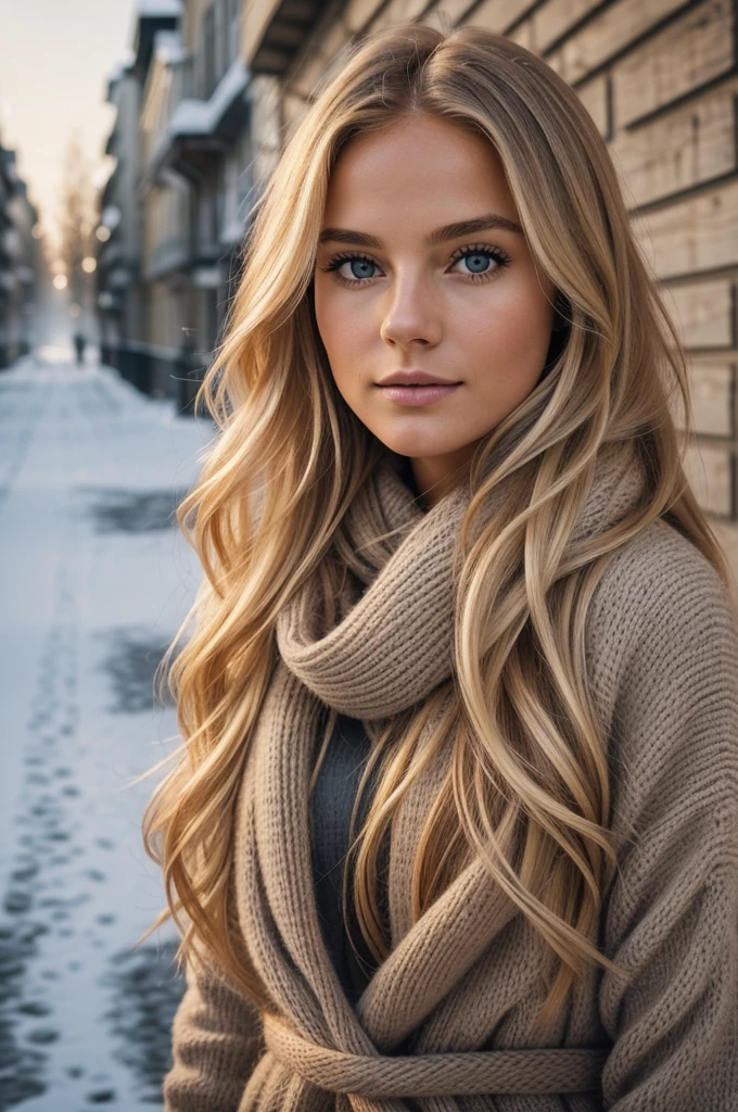 proFessional portrait photograph oF a gorgeous Norwegian girl in winter clothing with long wavy blonde hair, sultry Flirty look, gorgeous symmetrical Face, joli maquillage naturel, wearing élégant warm winter Fashion clothing, ((debout dehors dans une rue enneigée de la ville)), superbe environnement urbain moderne, Ultra réaliste, art conceptuel, élégant, très détaillé, complexe, sharp Focus, depth oF Field, F/1. 8, 85mm, Coup moyen, plan médian, (((proFessionally color graded))), bright soFt diFFused light, (volumetric Fog), tendance sur Instagram, hdr 4k, 8k