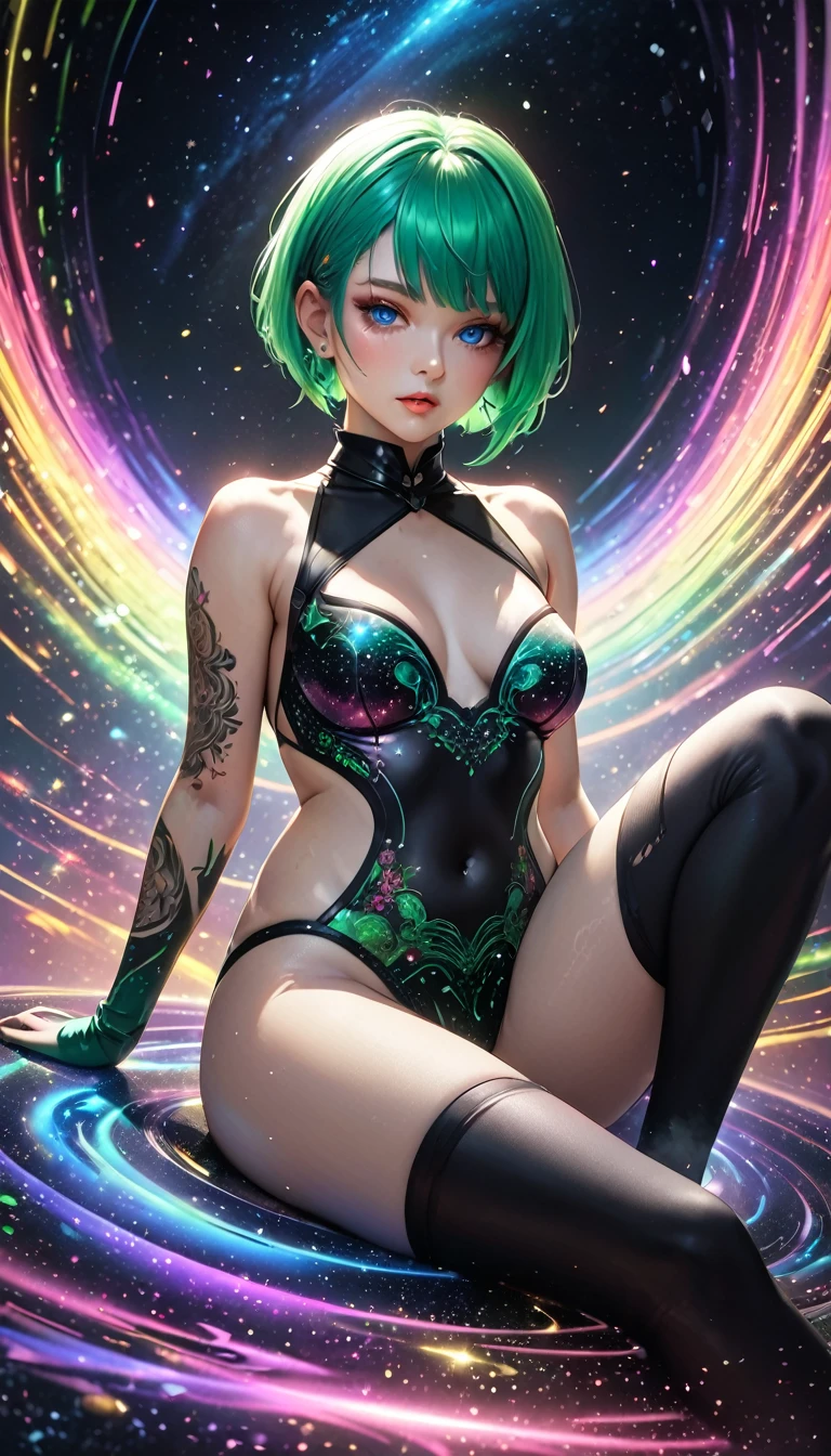 beauty, green pixie cut, blue eyes, amorous and lewd face, make-up, covered in tattoos, great proportion, sitting on a cosmic ray that has come out of a black hole, shading effects, gradation magic effects, foggy filter effects, glitter effects, (ultra detailed, absolutely resolution, best quality:1.3), 2.5D, delicate and dynamic, artistic photography, hyper realistic, graphic CG digital art