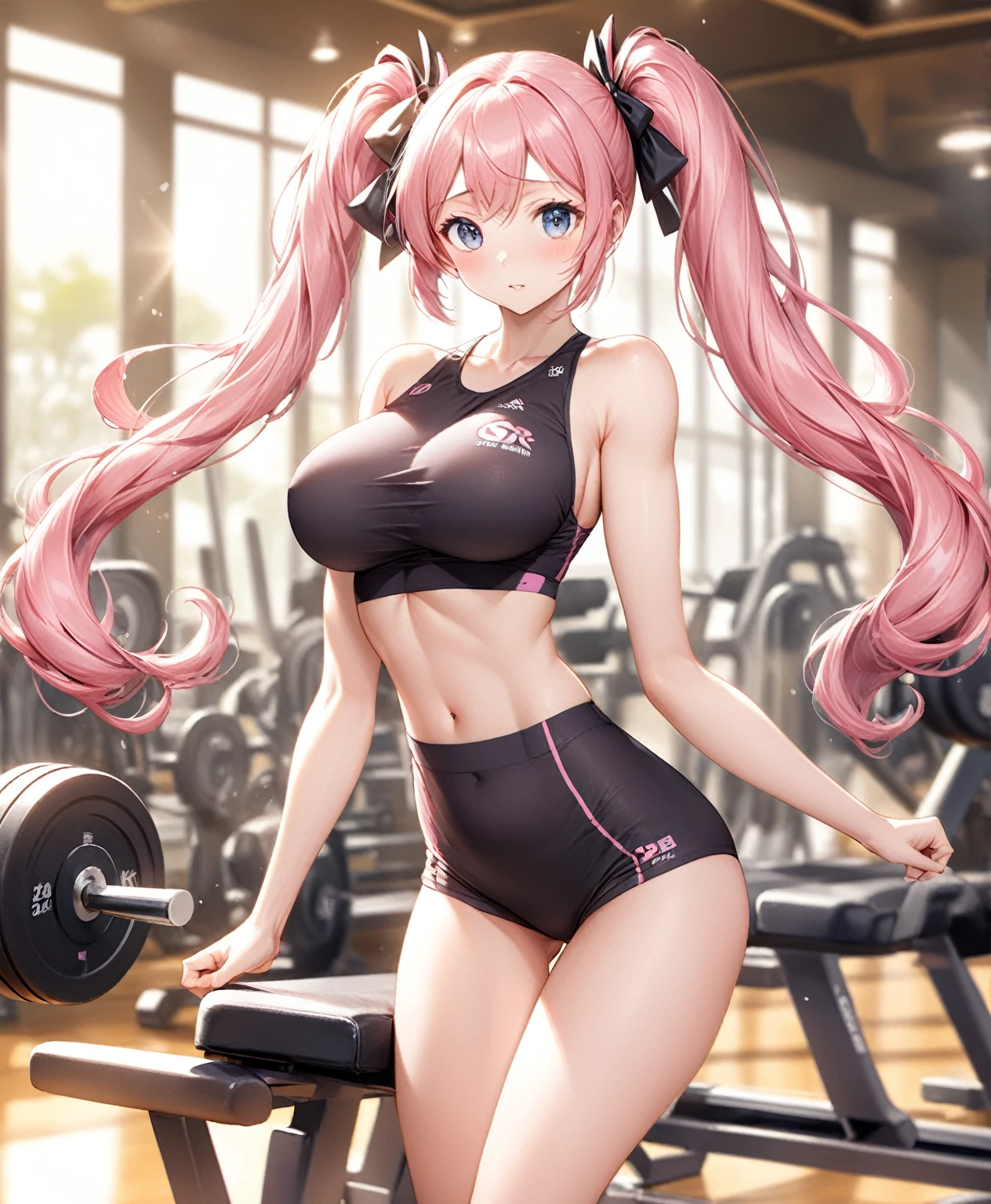 (Highest quality,8k,32K,masterpiece,Ultra-high resolution :1.2 ),born,One girl,Super cute,Natural light,Clear, shining eyes,20-year-old,Fair skin,Training gym digital world fantasy background,Pink Hair,Twin tails,I am training,Large Breasts,