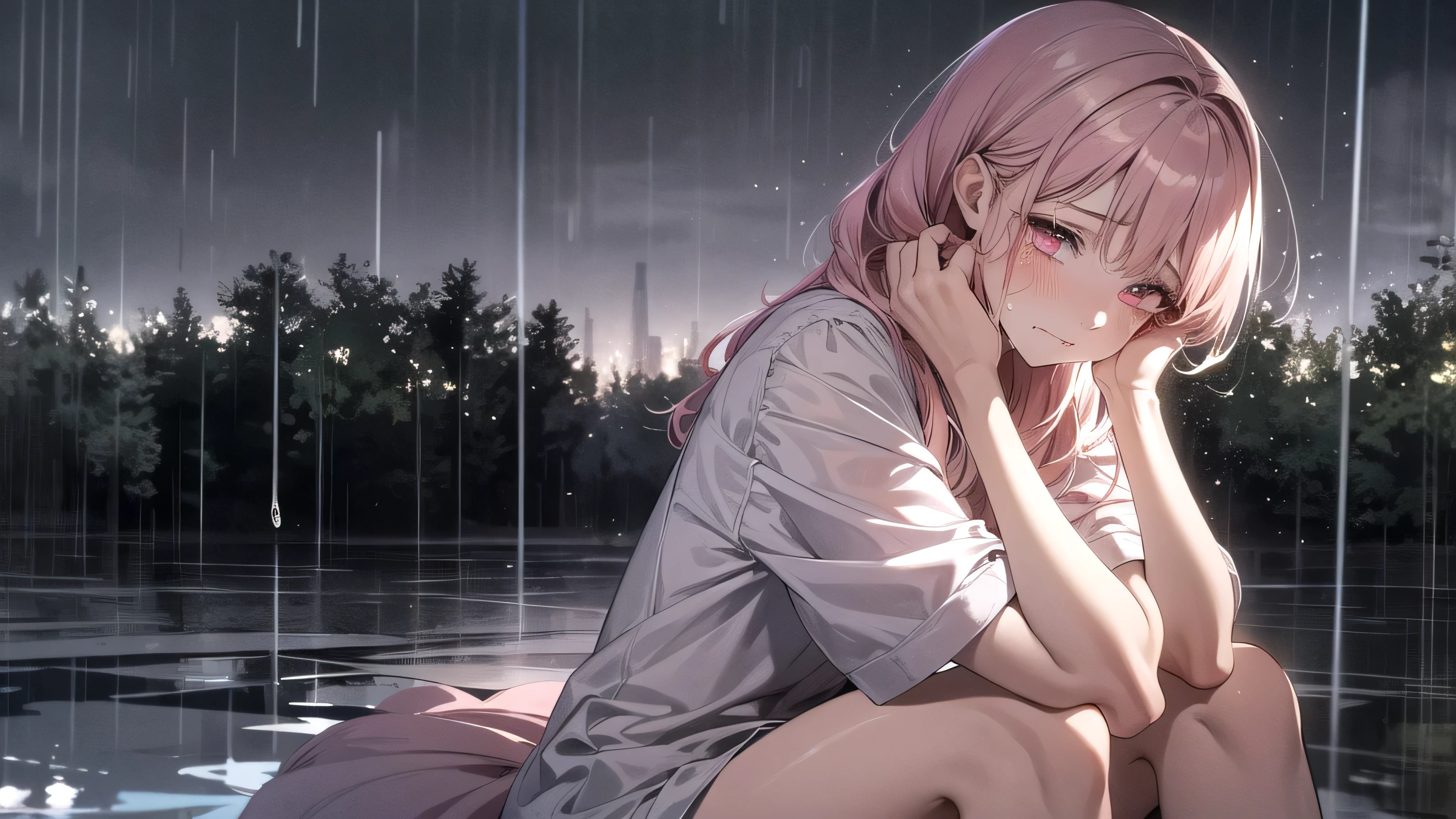 ((best quality)), ((masterpiece)), (detailed), 1girl, long light pink hair, pink eyes. Sitting in the middle of rain. Saddest vibe. rainy. Crying. Tears.