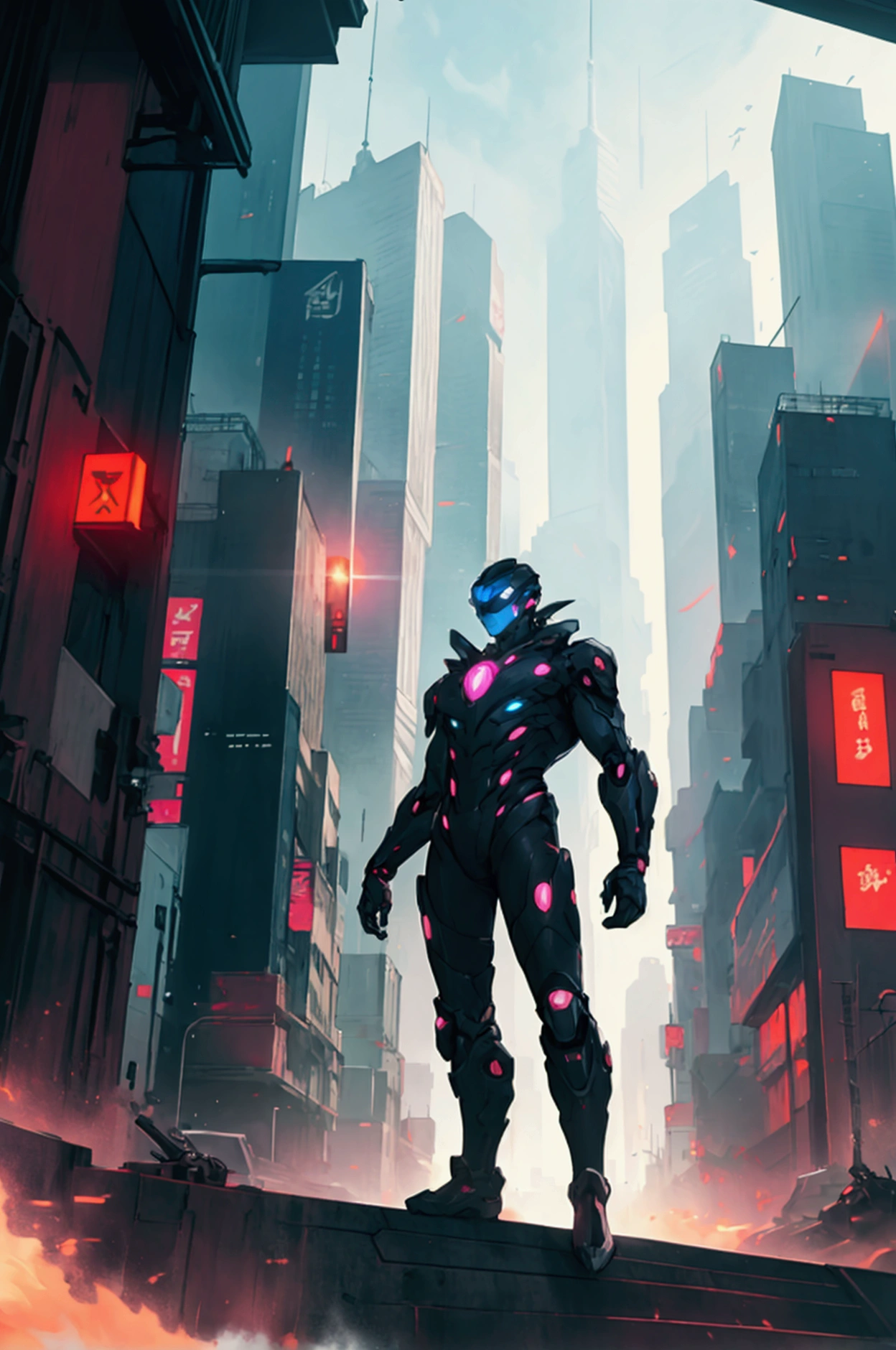 A man in a futuristic cityscape at sunset with flying cars, towering skyscrapers with neon lights, and a bustling metropolis below with people wearing high-tech clothes. Manga-style.