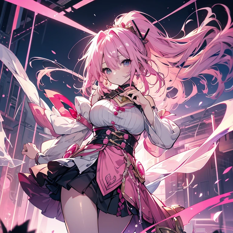 1 girl、Mature、Ample breasts、Pink Hair、Long Hair、Curly Hair、ponytail、Magical girl、Miniskirt、Jewels on the chest、dusk、battle、Armament、The jewel on her chest shines、Abandoned Factory、High places、High resolution、Highest quality
