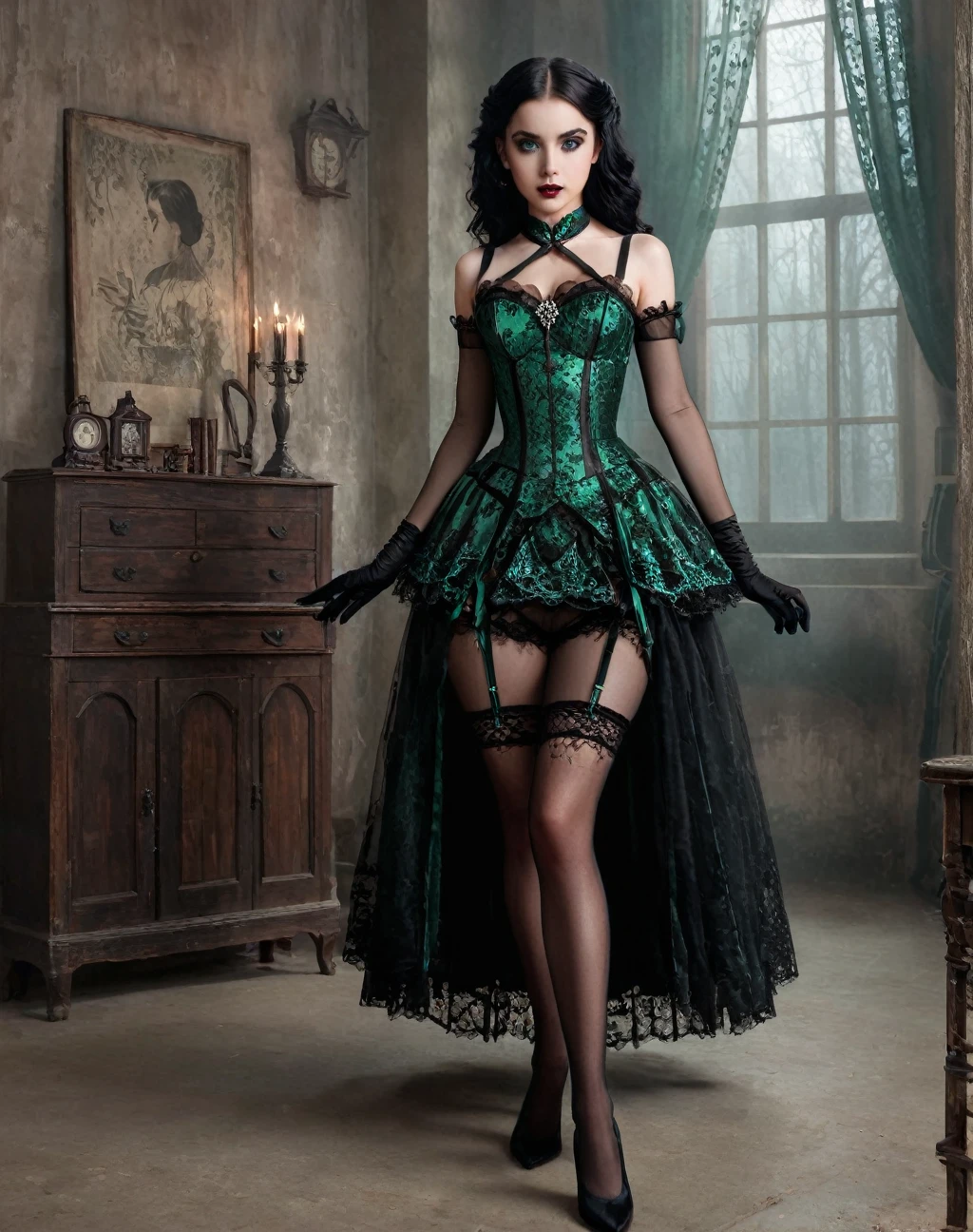 horror thriller movie poster, masterpiece, best quality, A daughter of severus snape, 11 year old girl in a Gothic ball gown,lace, embroidery , Pale skin, fishnet stockings，, black hair and green eyes , (Bauhaus, shape, Wire, Abstract:1.1) Gothic, Vintage horror, movie poster, 1940s, (masterpiece, best quality) 8k wallpaper, Very detailed,
