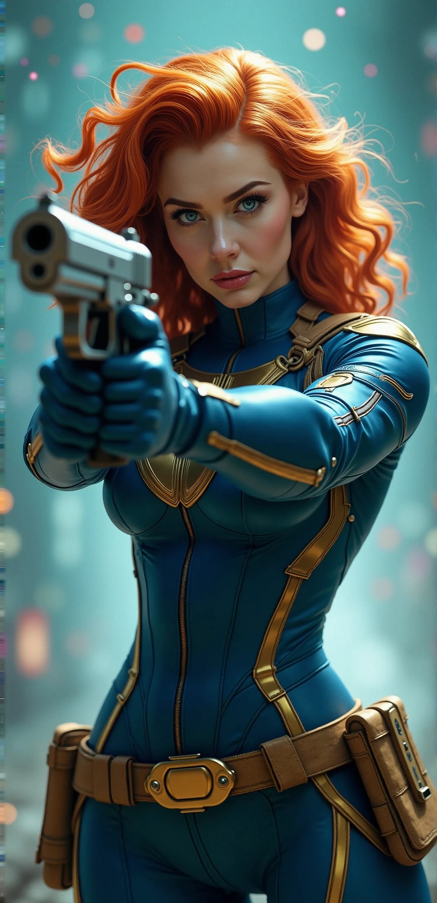 In this captivating image, the central female character exudes confidence and authority, her curly red hair a vibrant contrast to the sleek blue suit with gold accents, complete with gloves and boots that evoke a sense of uniformity. Her hands firmly grasp two pistols, their metallic surfaces and grips gleaming in the light as she surveys the dynamic background with a determined gaze. The explosion of colors behind her, featuring blues and greens, adds to the overall sense of energy and action, evoking the world of comic books or video games where she takes center stage as a powerful superhero.