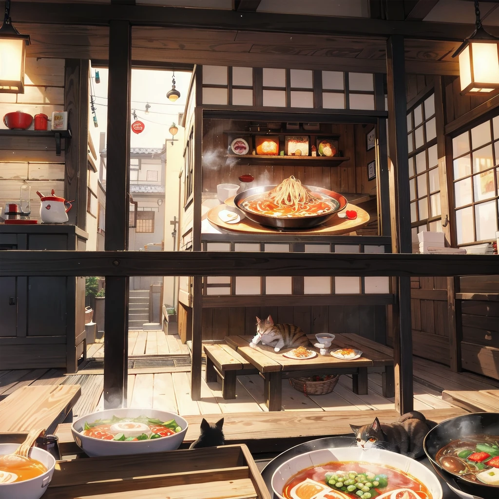 Unreal Engine, Detailed Background, Detailed Foreground, Depth of written boundary, Cat eating ramen, 日本のstall, stall ,Cat cooking ramen、