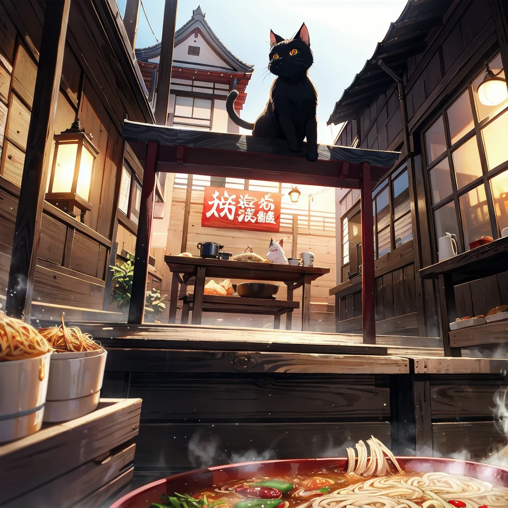 Unreal Engine, Detailed Background, Detailed Foreground, Depth of written boundary, Cat eating ramen, 日本のstall, stall ,Cat cooking ramen、
