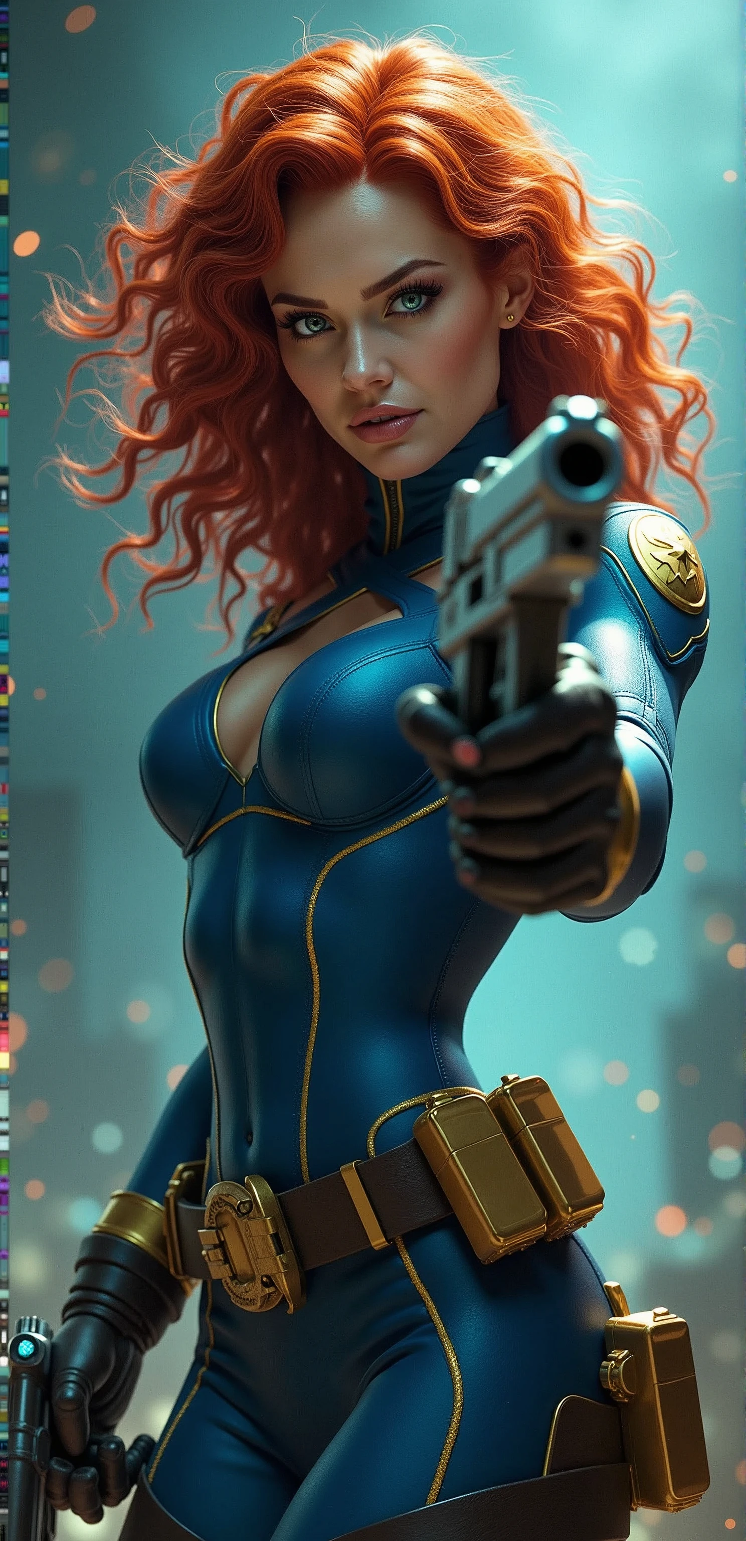 In this captivating image, the central female character exudes confidence and authority, her curly red hair a vibrant contrast to the sleek blue suit with gold accents, complete with gloves and boots that evoke a sense of uniformity. Her hands firmly grasp two pistols, their metallic surfaces and grips gleaming in the light as she surveys the dynamic background with a determined gaze. The explosion of colors behind her, featuring blues and greens, adds to the overall sense of energy and action, evoking the world of comic books or video games where she takes center stage as a powerful superhero.