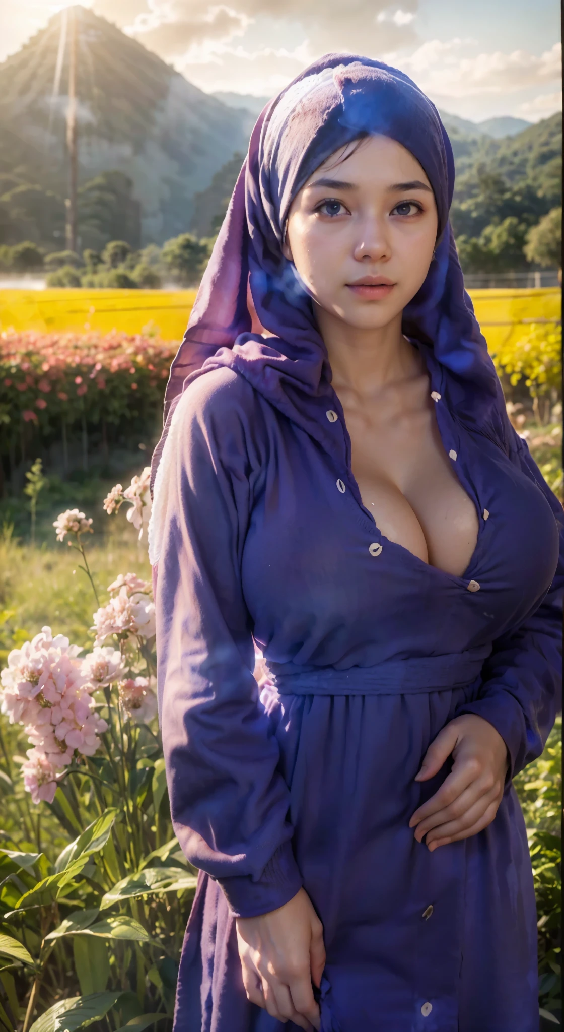 Photorealistic, (half body:1.3, exposed face), wide angle, (seen from foward:1.2), in frame, a japanese young woman, ((breast wrapped by white towel:1.2), cleavage:1.3), a hyperrealistic beautiful young girls with blue eyes, (natural droopy breast, it's huge and soft), high detailed official artwork, beautiful girls with ((slim body:1.2), (busty posture:1.2))), attractive young woman, (atractive poses:1.3), ((deep soaking:1.2), in the hot water on the (hot springs:1.2), surrounded by waterfall, natural forest background, dubnitskiy david fanart, realistic portrait, smooth photorealistic, perfect visual of a cute girls, cute girls with skinice soft face, face focus, short blond hair, makoto shinkai and artgerm, photon mapping, natural light, warm color tones, vivid colors, cool ambient, foggy atmosphere