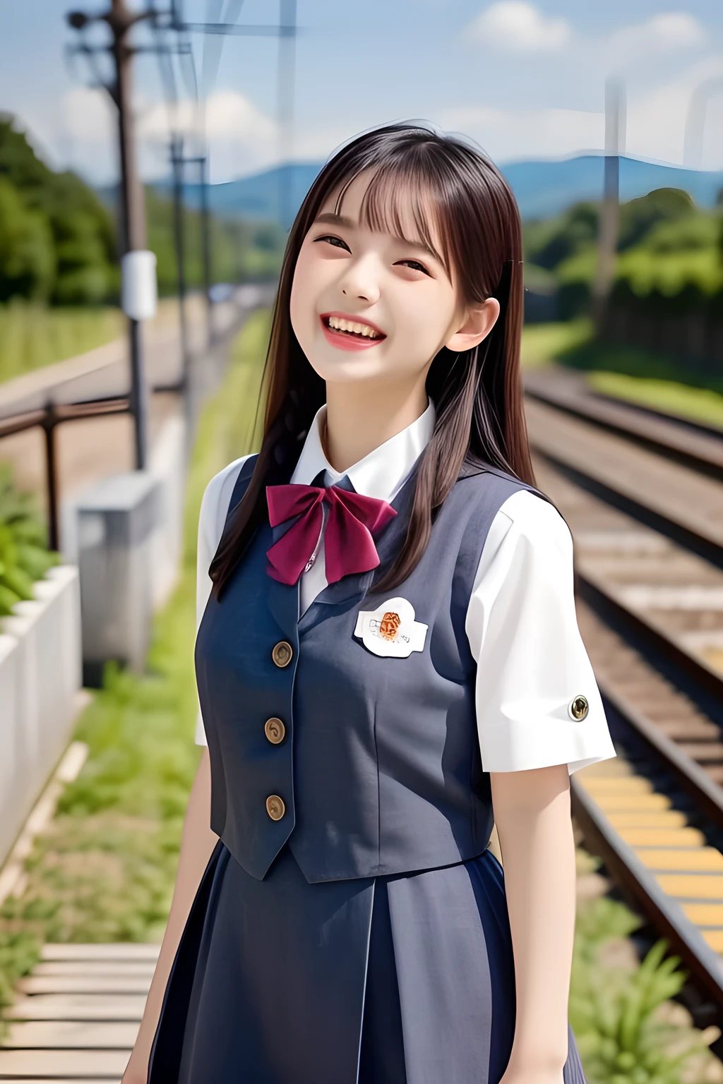 (highest quality, masterpiece, high resolution:1.2), 4K, (Photo quality detailed face: 1.2), (Giorgione painting style: 0.8), geometry, (16 yo cute girly Japanese girl: 1.0), Laughing cutely, (neat girly white short-sleeves school blouse: 1.0), (puffed short sleeves: 1.0), (Dark red glossy school ribbon on the breast: 1.0), (Gray Japanese school girly vest Uniform: 1.2), (Can't stop laughing, Extremely laughing cheeks: 1.4), (Beautiful light-amber cute-dolly large clear eyes with detailed cutely: 1.2), (Long bottom eyelashes: 1.0), (Expressing the greatest joy with her whole body: 1.5), (Glossy lips: 1.0), (braids under her ears: 1.0), (cute earrings), (Inviting me into the heaven as a angel: 1.6), (white and clear skin: 1.0), (Laughing French 8yo girl's eyes: 0.5), (Placing her beautiful white hands together like playing: 0.9), (Full-body shot on clouded railway station platform in Japan)