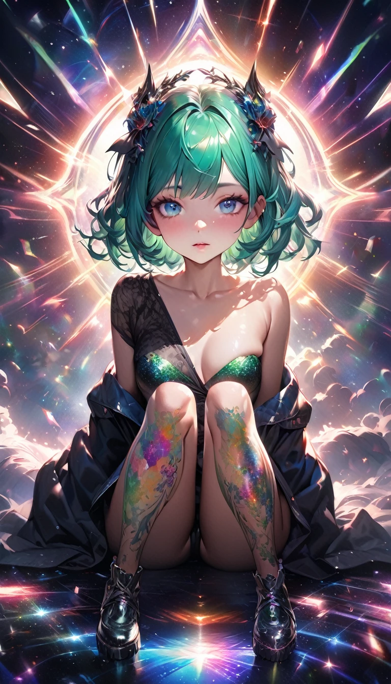 beauty, green pixie cut, blue eyes, amorous and lewd face, make-up, covered in tattoos, great proportion, sitting on a cosmic ray that has come out of a black hole, shading effects, gradation magic effects, foggy filter effects, glitter effects, (ultra detailed, absolutely resolution, best quality:1.3), 2.5D, delicate and dynamic, artistic photography, hyper realistic, graphic CG digital art